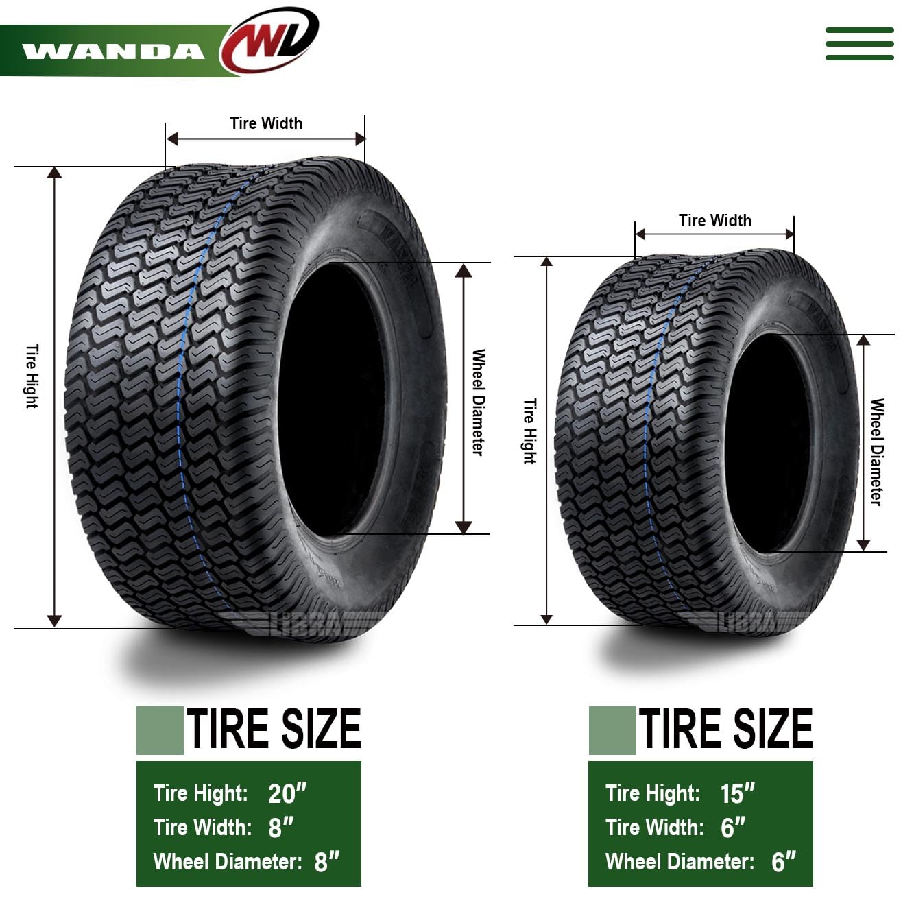 WANDA (Set of 4) 15X6-6 & 20X8-8 Lawn Mower Tractor Cart Turf Tires 4 Ply - 13016/13035 - Perfect for Lawn Care, Landscaping & Garden Maintenance