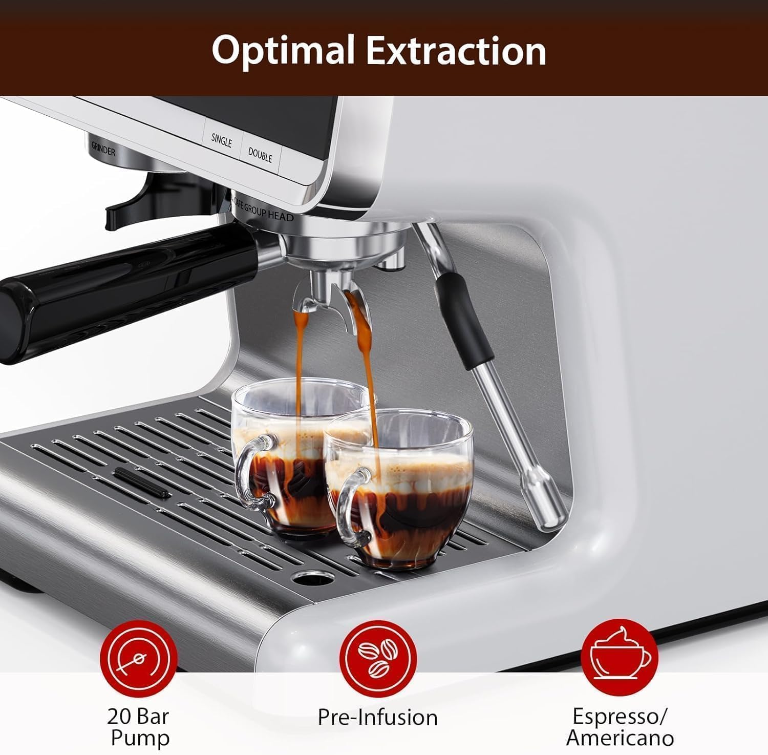 Premium 20 Bar Pump Espresso Machine with Built-in Grinder & Milk Frother, 2.8L Removable Water Tank - Semi-Automatic Coffee Maker for Home Baristas | Perfect for Small Families, Office Use & Coffee Shops | Create Cafe-Quality Lattes, Cappuccinos & Americanos at Home
