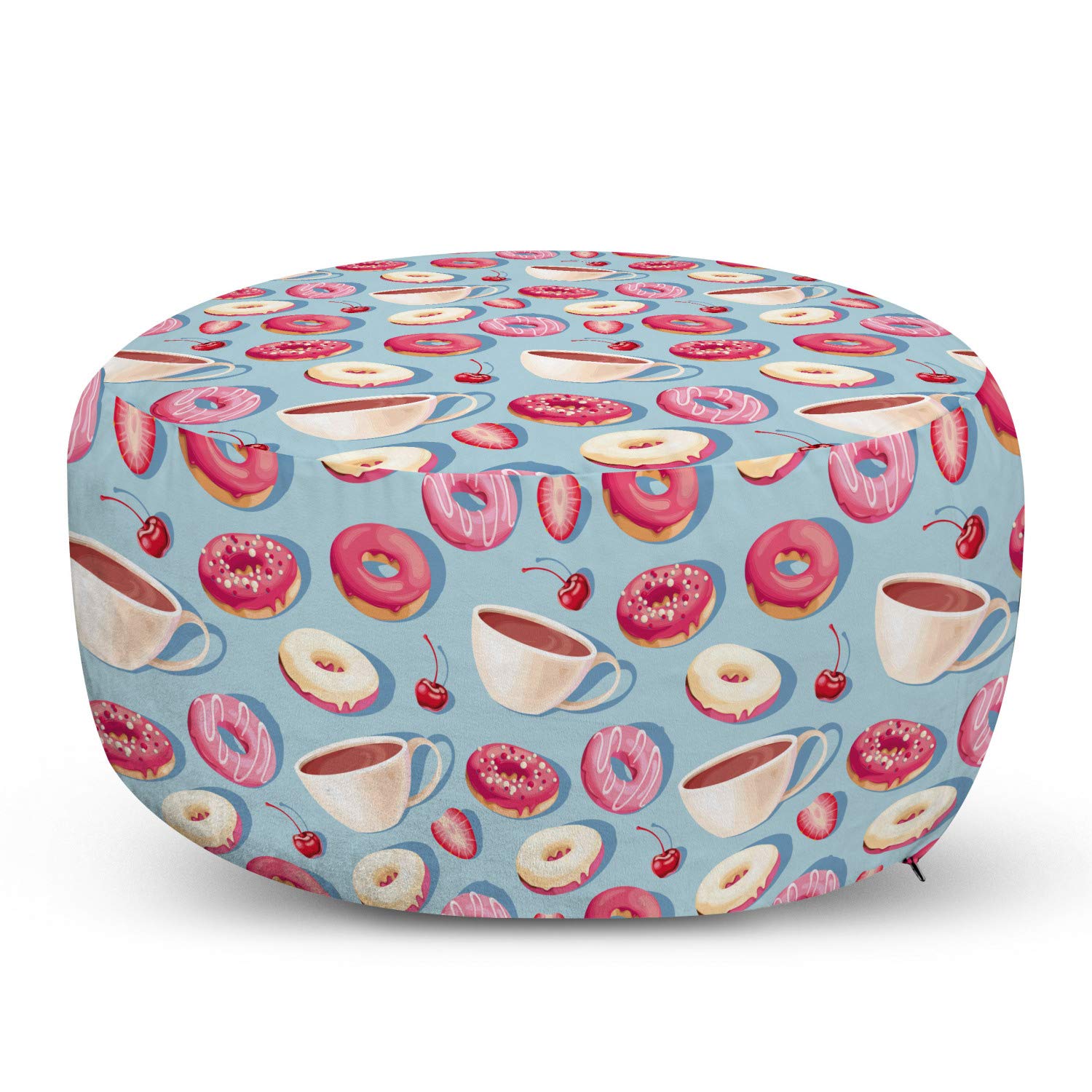 Lunarable Donut Ottoman Pouf - Soft Decorative Foot Rest with Removable Cover, Glazed Doughnuts Coffee Cups & Fruits Pattern in Pale Blue Pink Eggshell - Perfect for Living Room, Bedroom & Home Decor