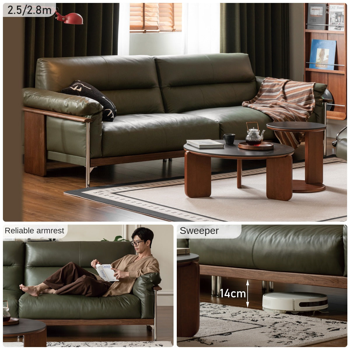 Premium Black Walnut Solid Wood Italian Leather Sofa - Modern Luxury Living Room Furniture for Home & Office Comfort