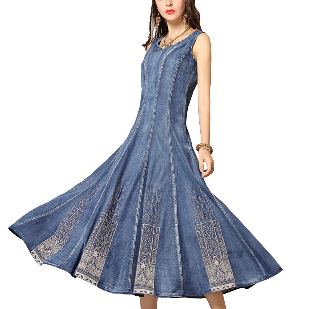 Vintage Embroidery Denim Jean Vest Dress for Women - Long Sleeve Boho Chic Jacket for Casual Outfits & Layering