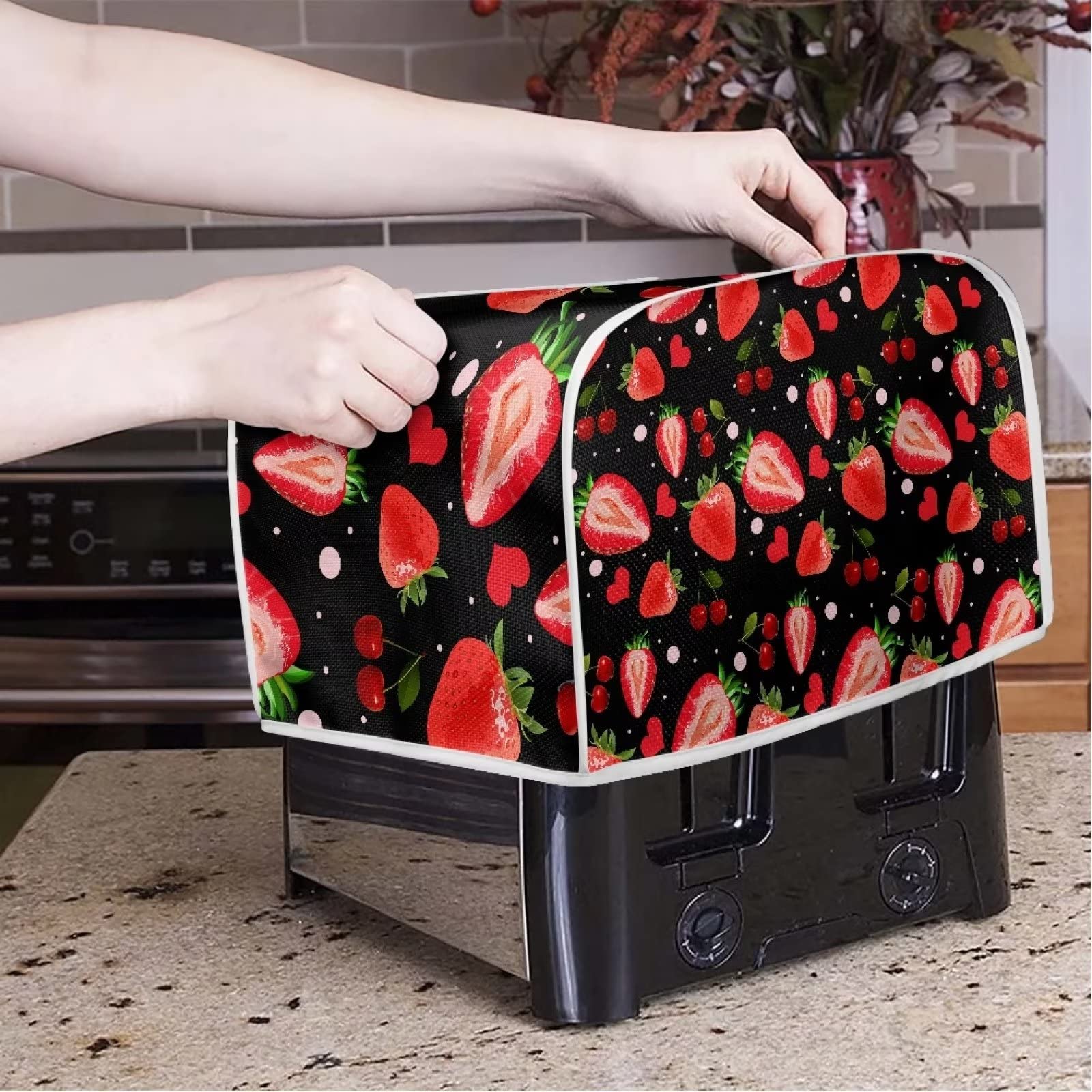 FOR U DESIGNS Strawberry Print Bread Machine & Toaster Oven Cover - Fashionable, Durable & Washable 2-Slice Toaster Cover for Small Kitchen Appliances - Perfect for Countertop Protection & Stylish Kitchen Decor