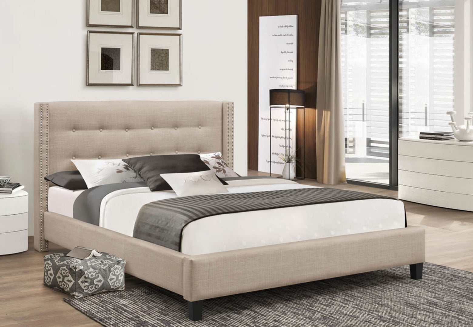 Abbey 188 Beige Linen Upholstered Platform Bed Frame - Queen Size Modern Minimalist Bedroom Furniture for Small Spaces & Guest Rooms