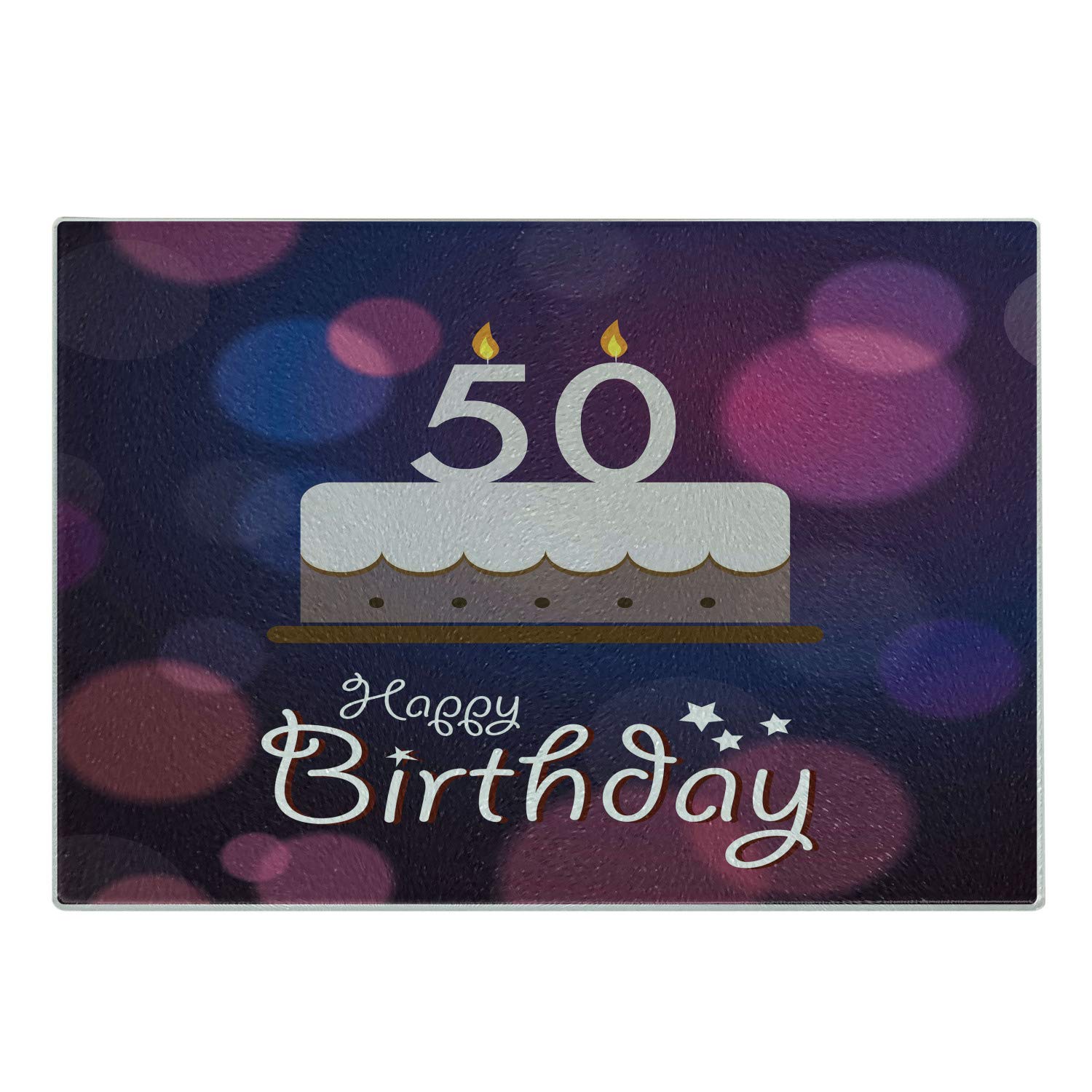 Ambesonne 50th Birthday Cutting Board - Colorful Graphic Style Cake Number Candlesticks & Cute Lettering - Tempered Glass Decorative Serving Board (Small Size, Blue Pink White) - Perfect for Birthday Parties, Anniversary Celebrations & Kitchen Decor