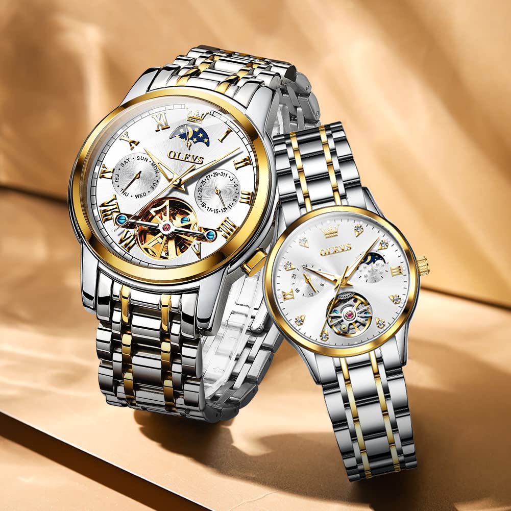 OLEVS Automatic Self-Winding Couple Watches Set - Luxury Matching Dress Watches for Men & Women - Perfect Anniversary & Wedding Gifts for Him and Her - Ideal for Date Nights, Formal Events & Romantic Occasions
