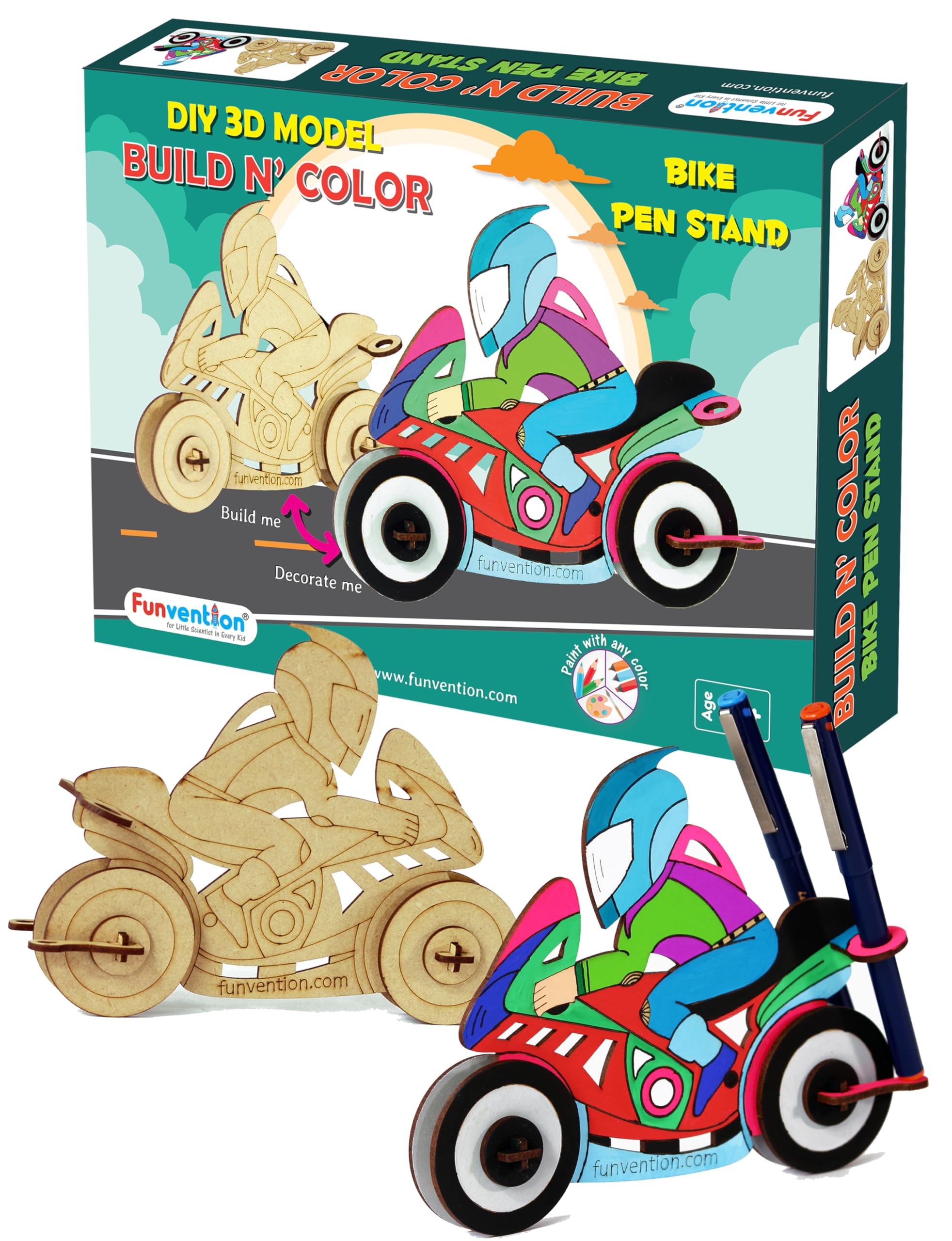 Funvention 3D Bike Coloring Model - DIY Desk Organizer & Pen Holder STEM Learning Toy - Creative Art & Painting Kit for Kids - Educational 3D Puzzle & Mechanical Building Toy - Perfect for Birthday Gifts, Classroom Projects & Home Decor