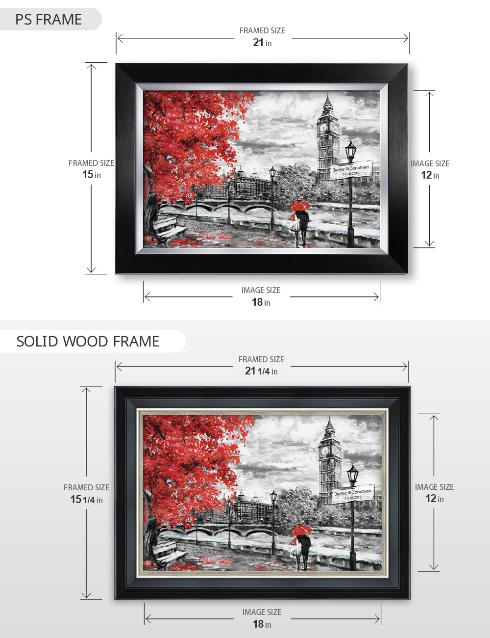 IPIC - Personalized London Lovers Artwork with Custom Names & Date - Romantic Gift for Anniversary, Wedding, Birthday & Holidays - Available in PS or Solid Wood Frame - Perfect for Home Decor, Couples Gifts & Special Occasions