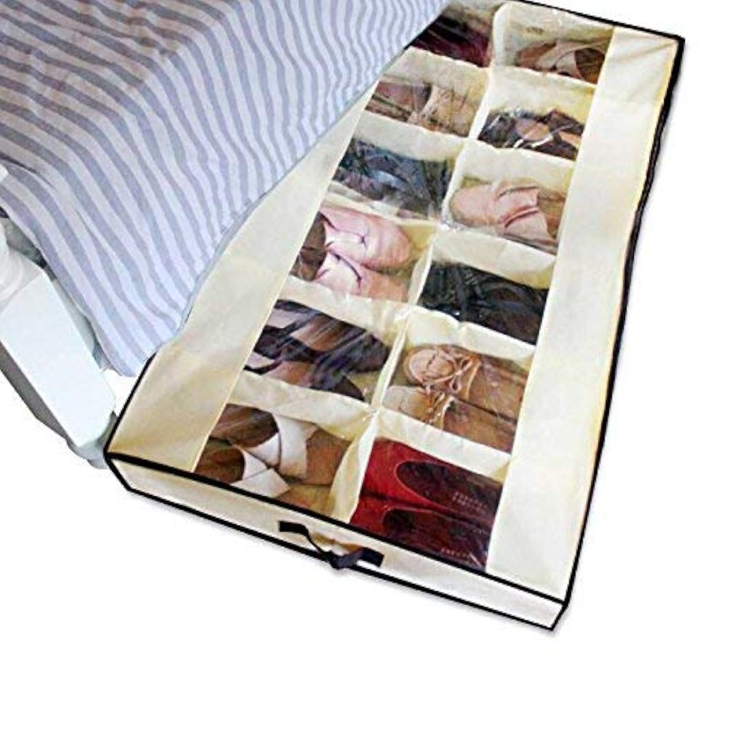 12-Cell Clear Underbed Shoe Storage Organizer for Men & Women - Space-Saving Beige Shoe Bag for Sneakers, Sandals & Boots | Perfect for Bedroom, Closet & Dorm Organization