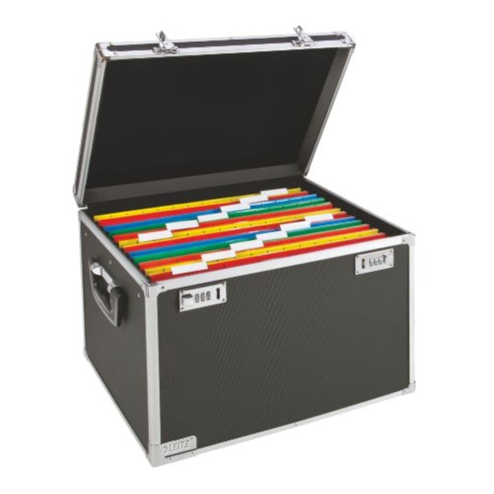 Leitz 67150195 Lockable Suspension File Chest - Foolscap Size, 30 File Capacity, Black/Chrome Finish - Secure Document Storage for Office & Home Organization
