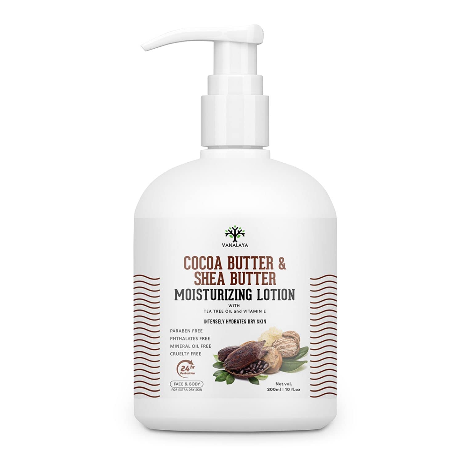 Vanalaya Cocoa Butter & Shea Butter Moisturizing Lotion with Vitamin E & Coconut Oil - Deep Hydration for Dry Skin on Face & Body - 300ml - Perfect for Daily Skincare & After-Sun Care