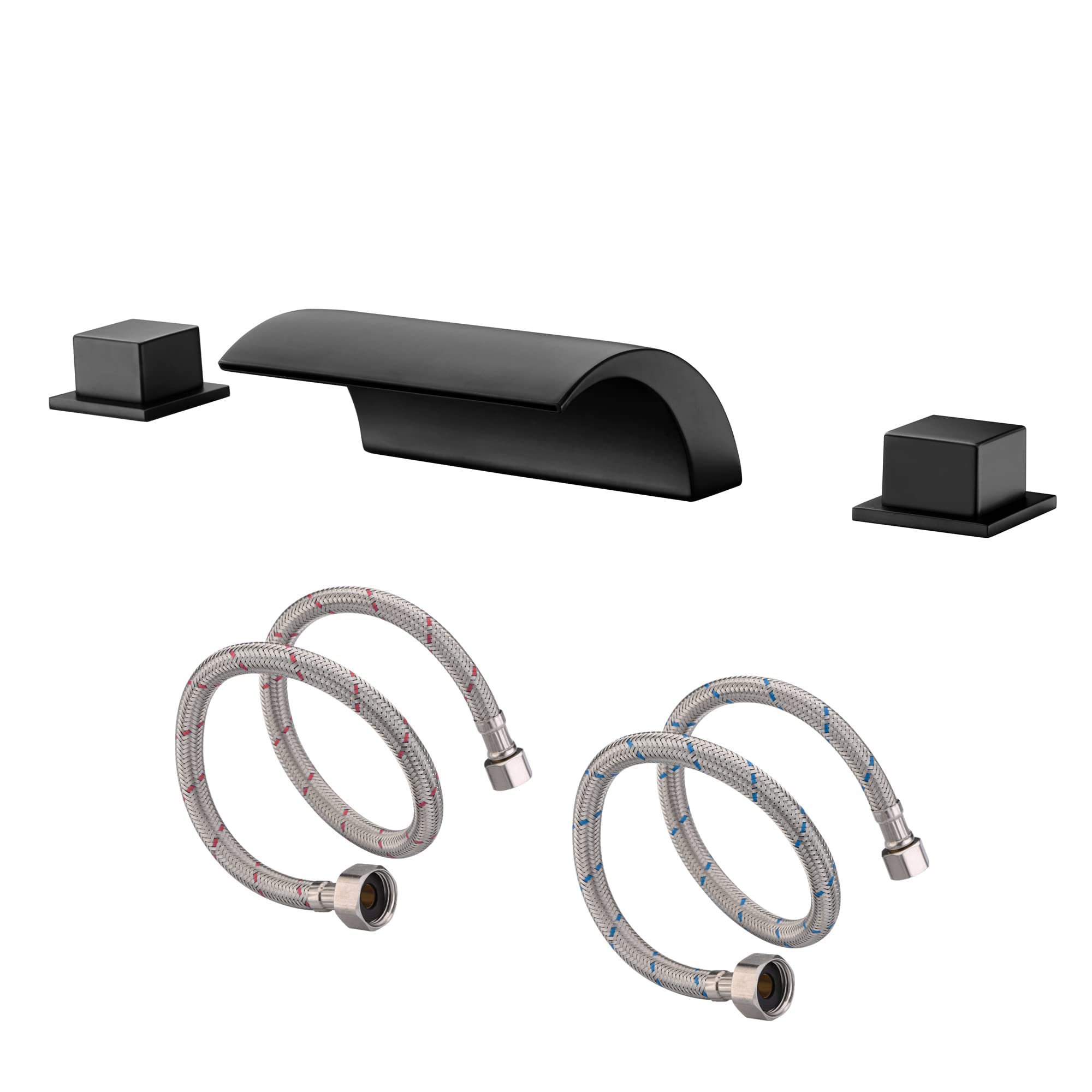 Black Waterfall Roman Tub Faucet S2091DW with Flexible Hose Connector S7930SS-60 (24 Inch) - Elegant Bathroom Fixture for Spa-Like Luxury & Modern Home Decor