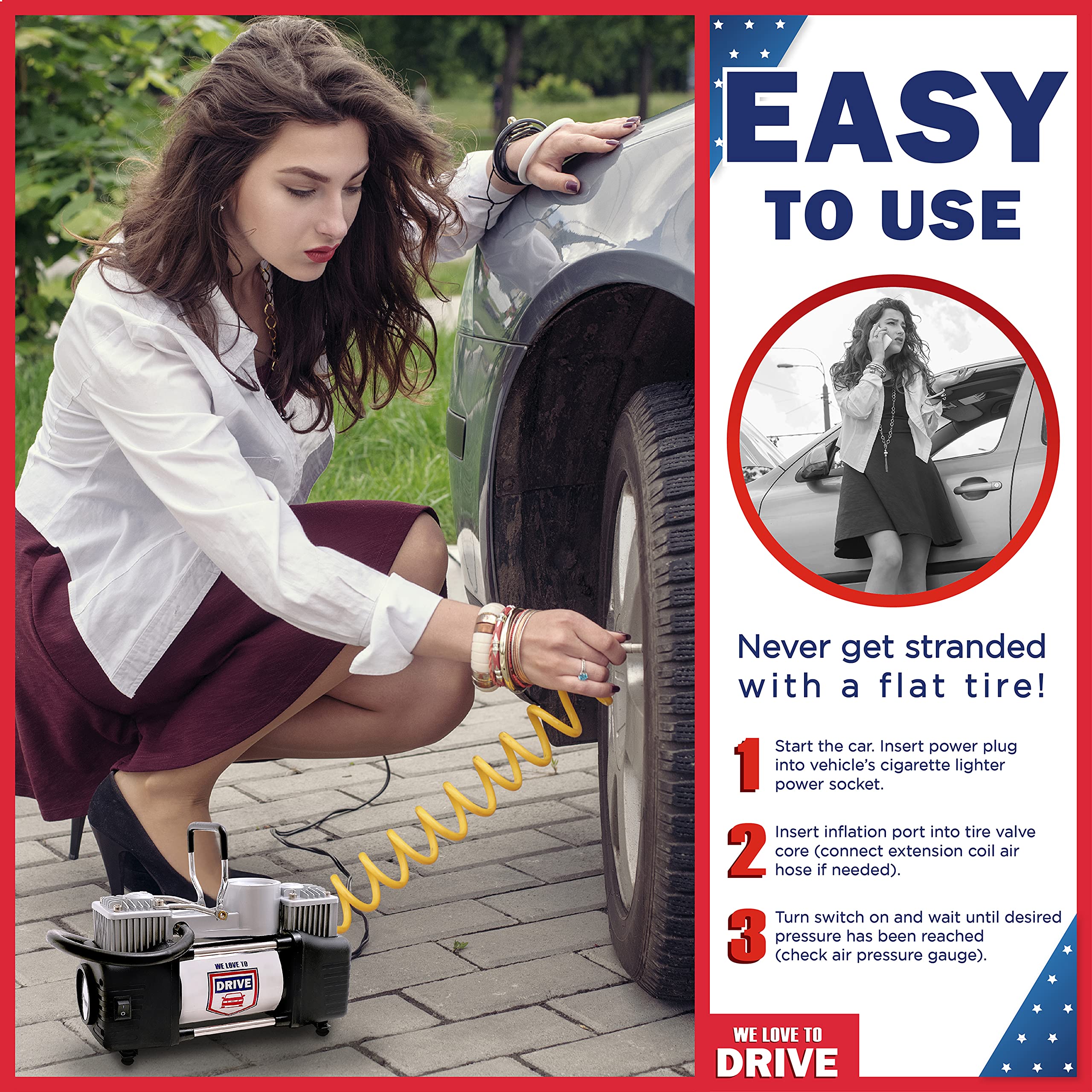 Portable 12V Air Compressor for Car Tires - 150PSI Tire Inflator with Repair Kit | Emergency Roadside Use