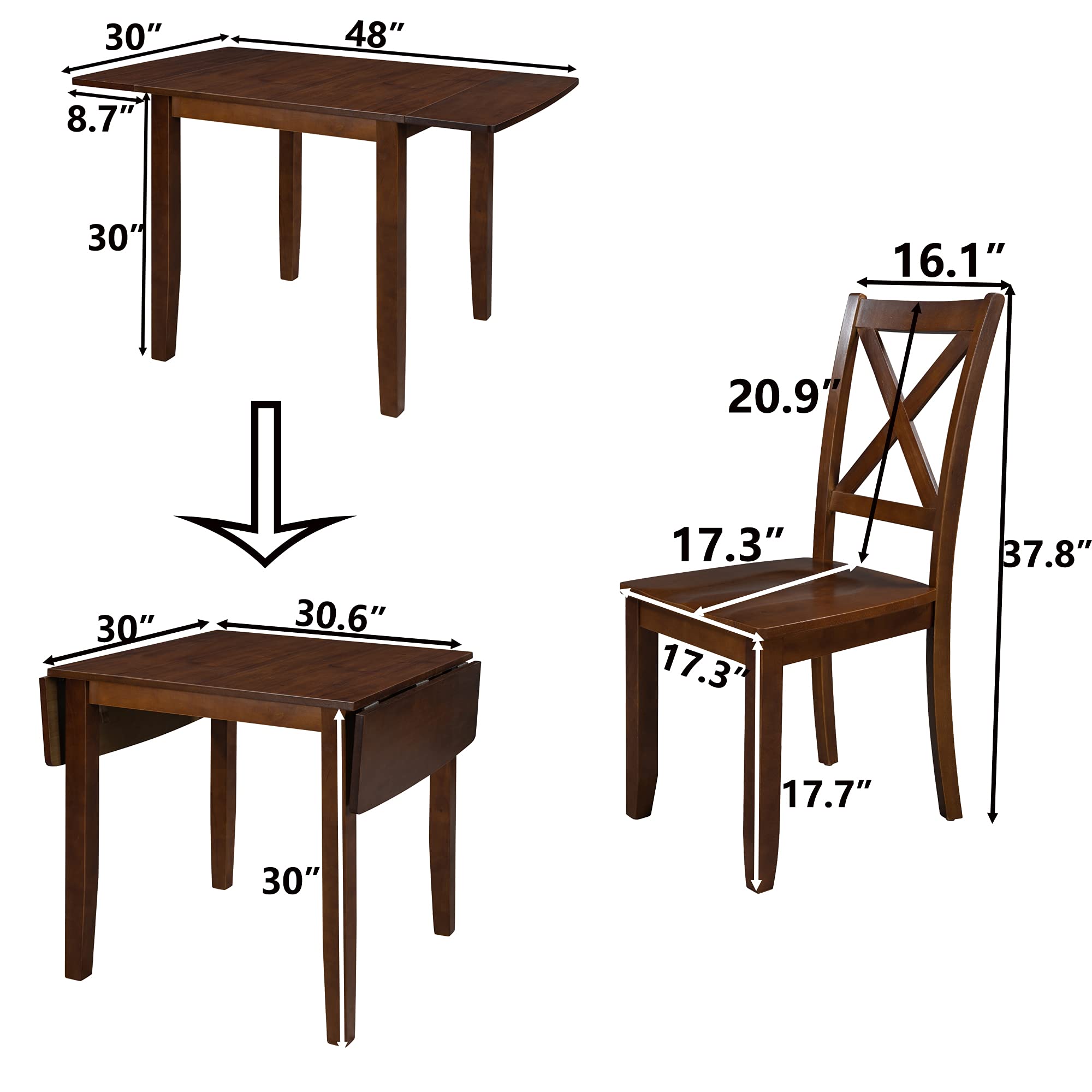 LZ LEISURE ZONE 3-Piece Drop Leaf Dining Table Set with 2 X-Back Chairs - Space Saving Wooden Kitchen Table for Small Spaces, Breakfast Nook & Apartment Dining | Perfect for Compact Homes, Studios & Cozy Kitchens