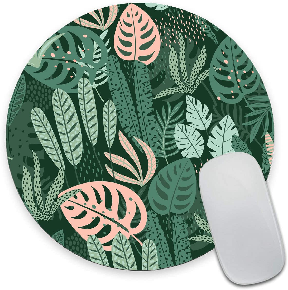 Tropical Plant Leaves Round Mouse Pad - Green Washable Gaming Mousepad with Non-Slip Rubber Base for Wireless Mouse | Desk Computer Accessories for Office & Home Use