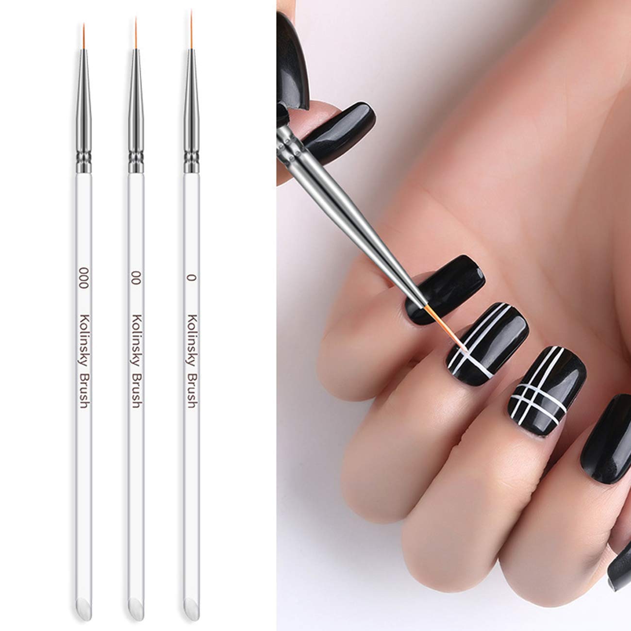 TinaWood 3pcs Professional Nail Art Brush Set - Liner Pens & Striping Brushes for Short Strokes, Details, Blending & Elongated Lines | Perfect for Acrylic, Gel & Nail Art Designs at Home or Salon