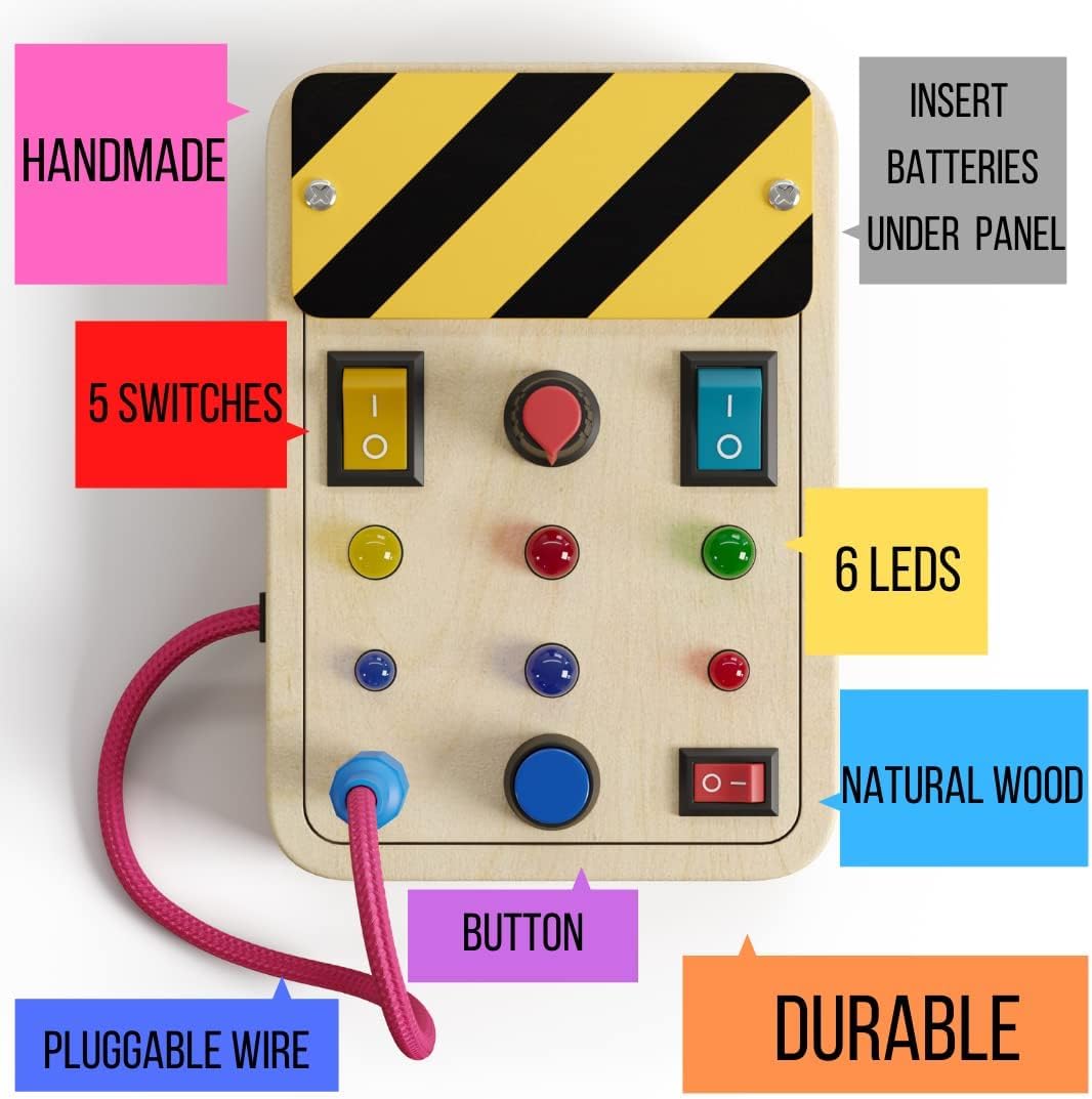 Montessori Busy Board for Toddlers 1-3 Years - Wooden Sensory Toys with LED Light Up Buttons & Pluggable Wires - Educational Learning Fidget Toy for Autistic Children - Perfect Baby Shower Gift for Boys & Girls - Great for Travel, Home Play & Early Childhood Development