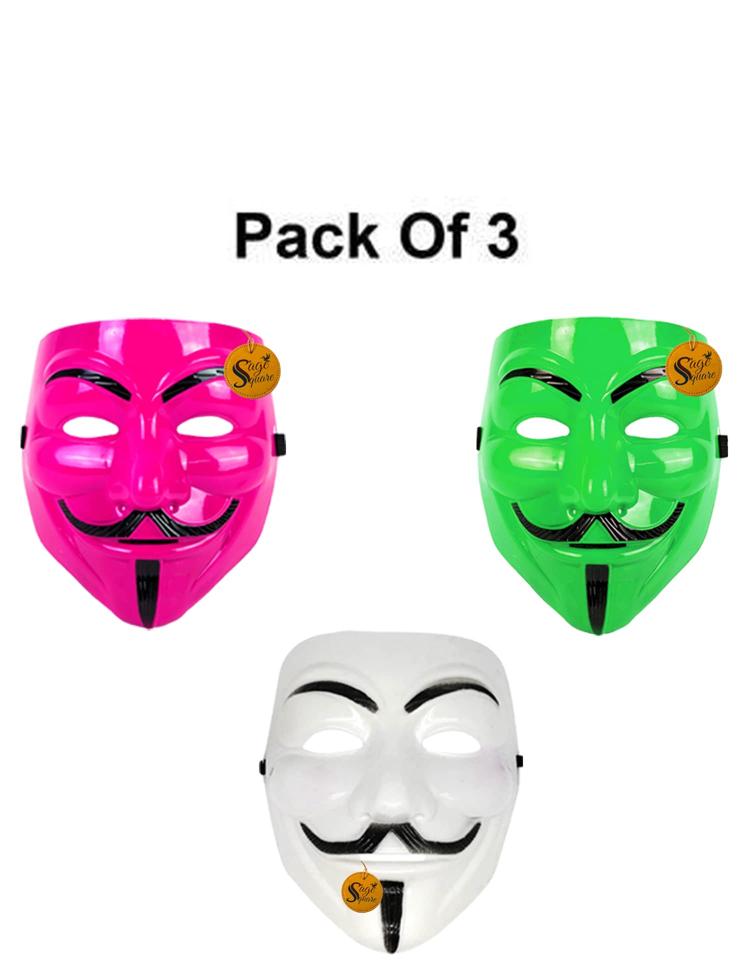 V for Vendetta Anonymous VIP Edition Face Mask - Sage Square Golden, Pink & White Set of 3 - Perfect Fit Cosplay & Halloween Costume Accessory - Protest, Movie Theme Party, and LARP Events