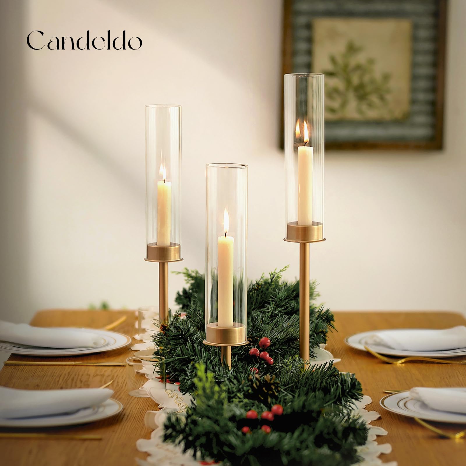 Golden Hurricane Glass Candle Holders - Set of 3 Tall Taper Candle Sticks for Wedding, Christmas, Dining Table Centerpiece Decor - Elegant Home Decor for Holiday Parties, Romantic Dinners & Seasonal Celebrations
