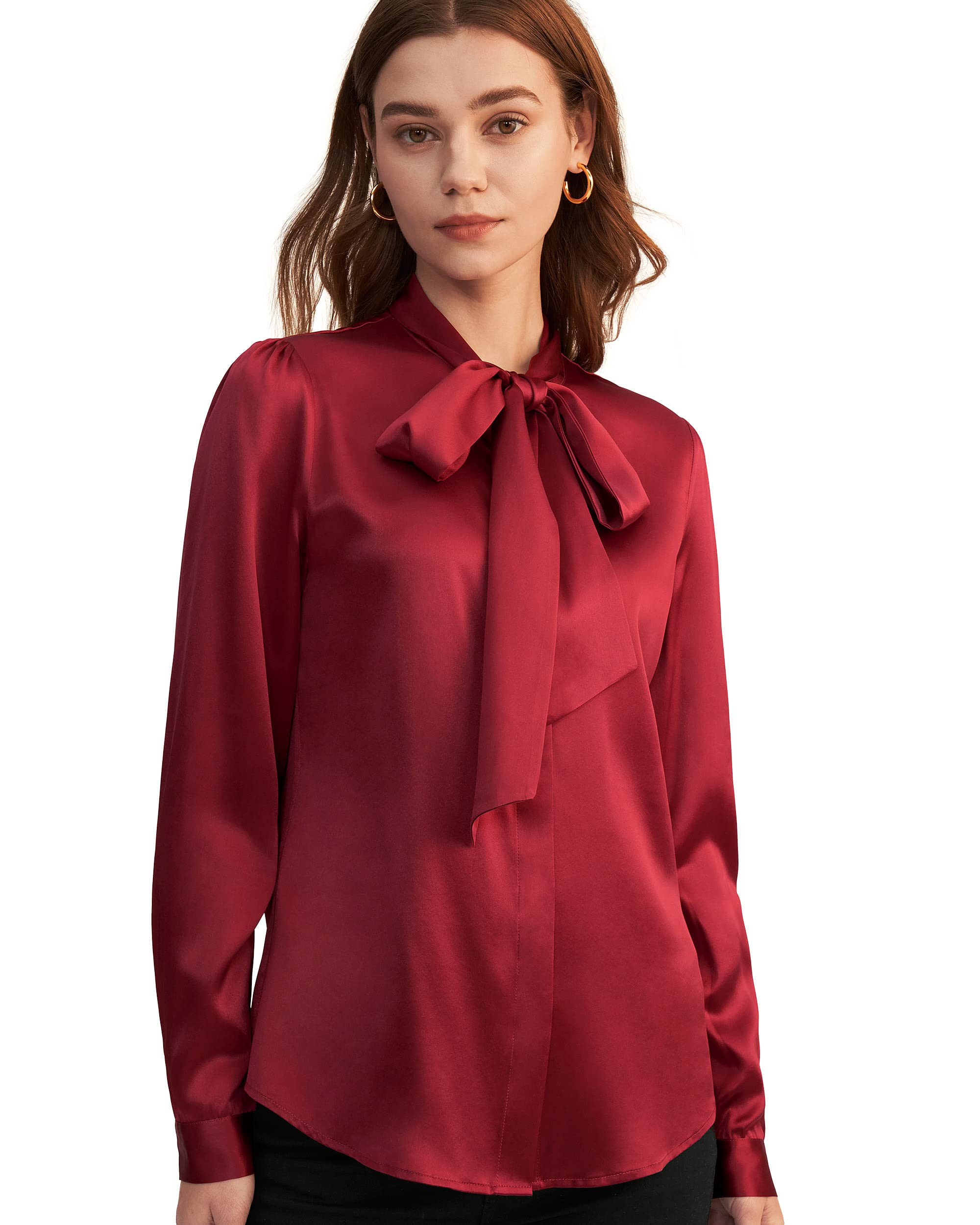 LilySilk Women's Vintage Bow Tie Neck Long Sleeve Silk Blouse - 100% Pure Silk Button Down Shirt for Office, Party & Special Occasions