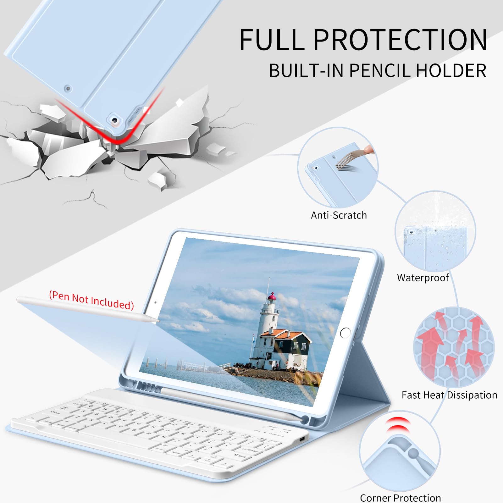 JKSML 9.7 Inch Bluetooth Keyboard Case for iPad 6th/5th Gen (2018/2017) & iPad Air 2/Air 1 - Detachable Rechargeable Keyboard with Pencil Holder, Auto Sleep/Wake Function - Perfect for Work, Study & Travel (Blue)