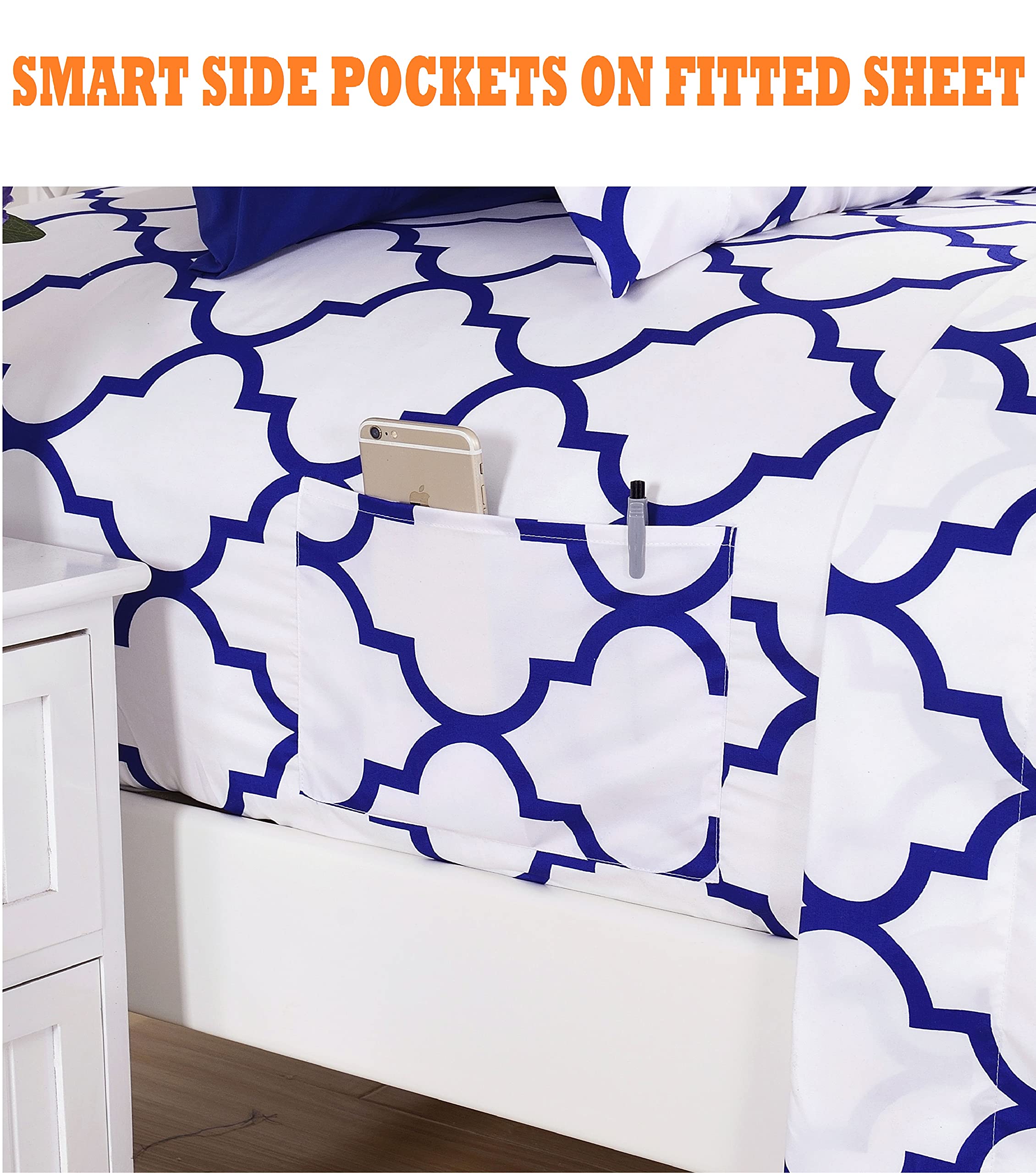 Luxury 1500 Thread Count 4-Piece Quatrefoil Printed Deep Pocket Bed Sheet Set - Ultra Soft, Wrinkle Resistant, Silky Smooth - Twin/Twin XL Size, Royal Blue - Perfect for Master Bedrooms, Guest Rooms & Dorm Decor