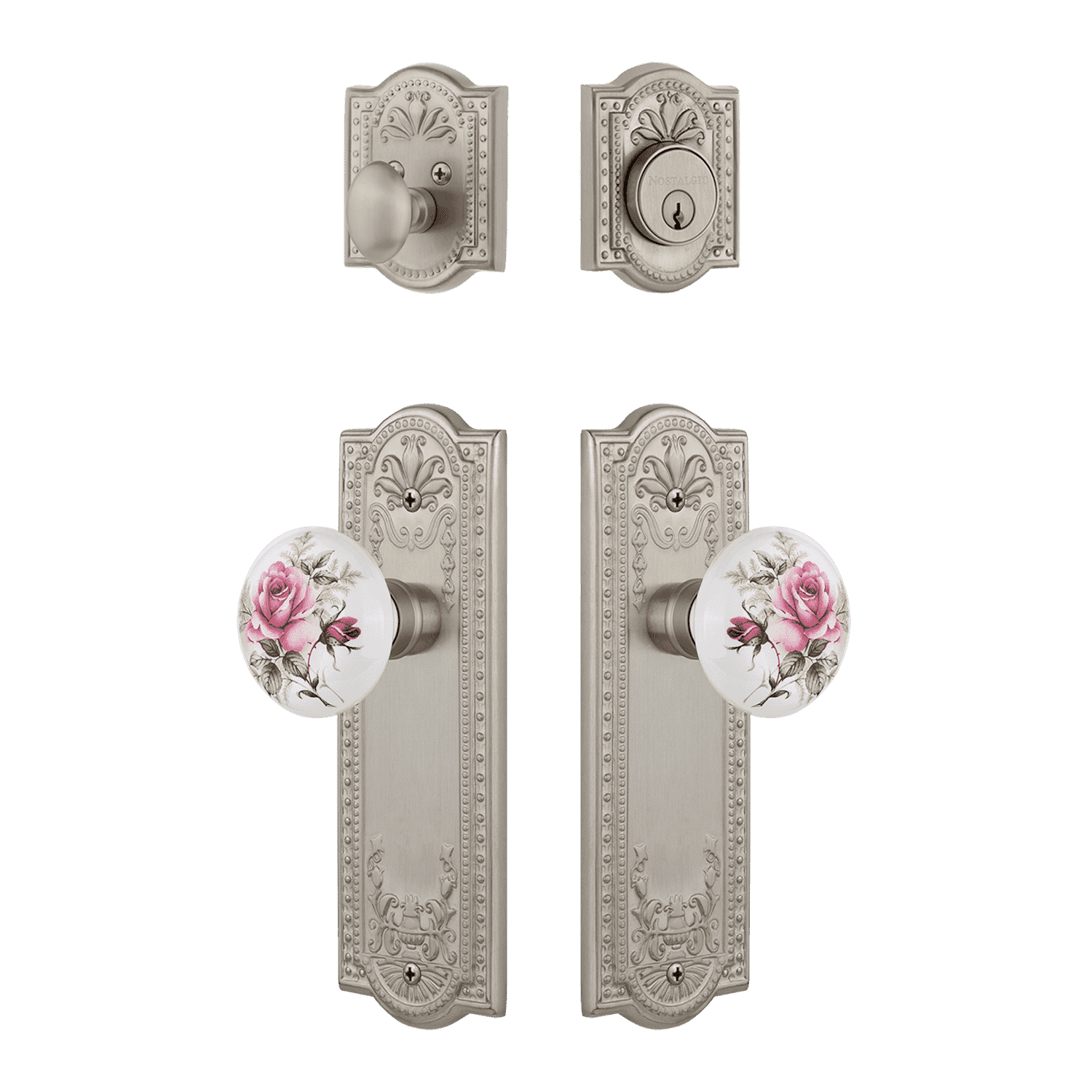 Elegant Meadows Entry Door Set with White Rose Porcelain Knob in Satin Nickel Finish - Perfect for Home Entryway, Bedroom, and Office Doors