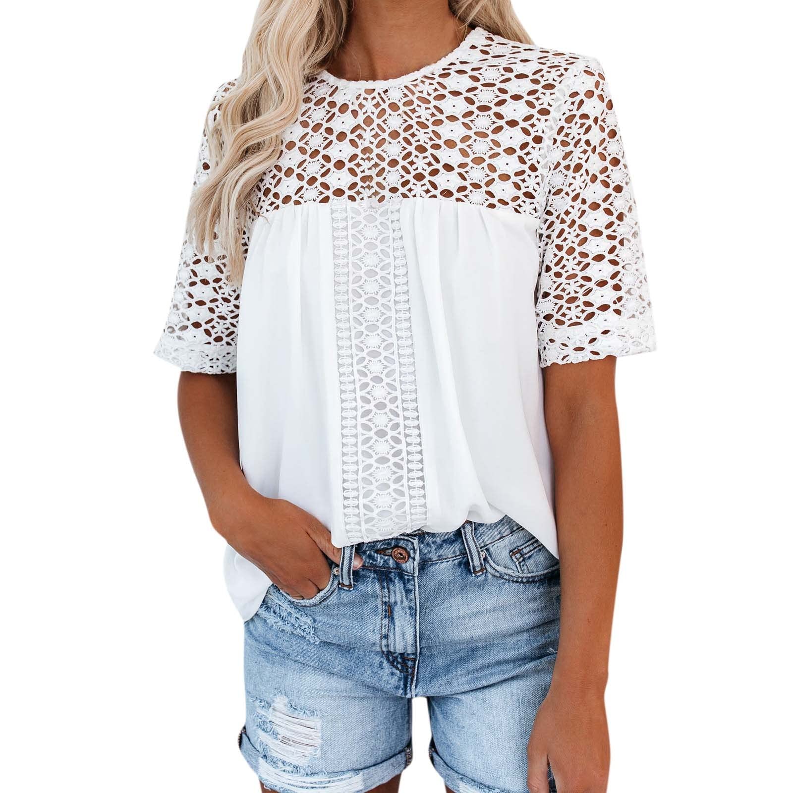 Women's White Lace Stitching Casual Round Neck Pullover T-Shirt - Cotton Spandex Blend Comfortable V-Neck Top for Everyday Wear | Perfect for Work, Weekend Outings and Casual Dates