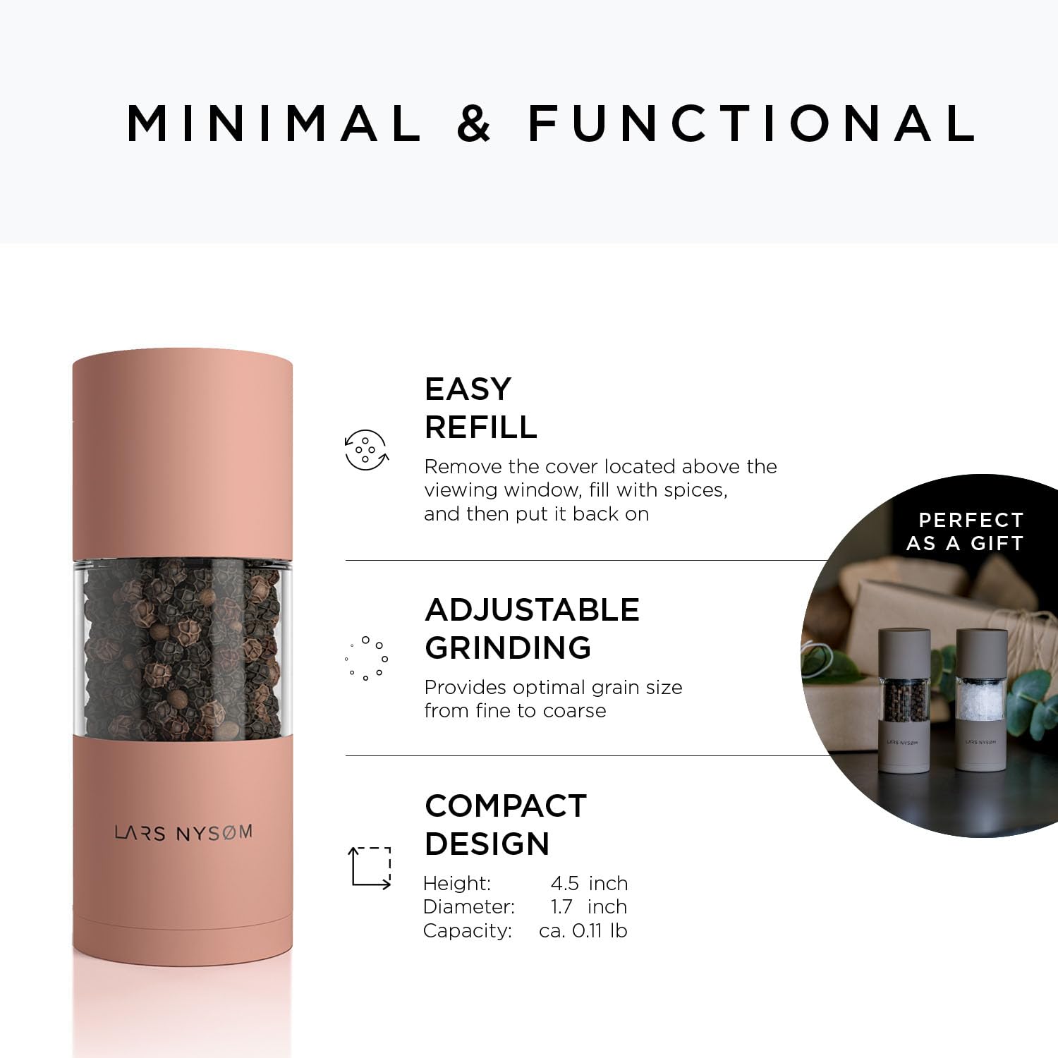 Premium Adjustable Ceramic Salt and Pepper Grinder Set - 2 Piece Manual Spice Mill with Ergonomic Design (Blush Rose) for Kitchen, Dining Table & Gourmet Cooking - Perfect Gift for Home Chefs