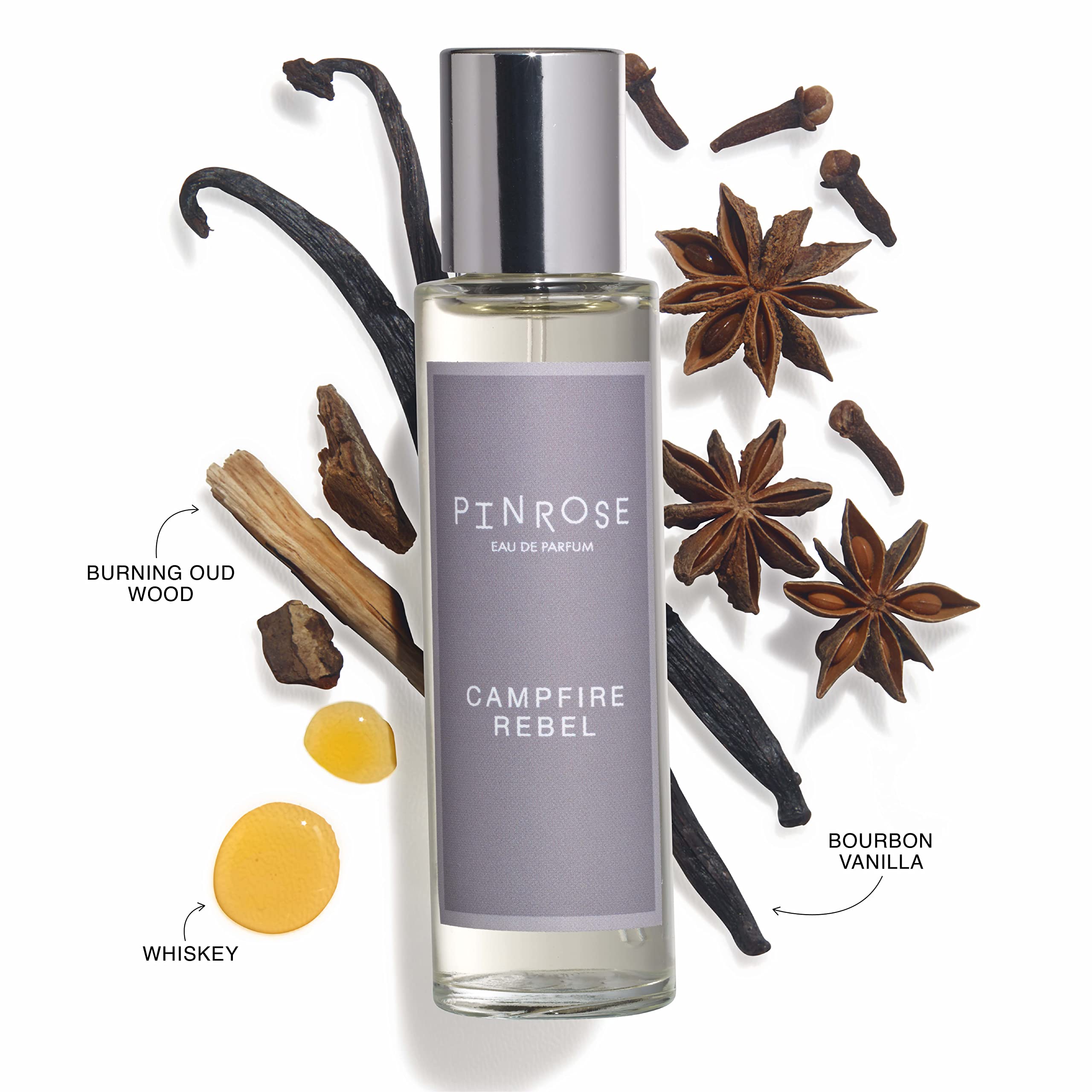 PINROSE Campfire Rebel Unisex Eau de Parfum Spray - Vegan, Cruelty-Free & Hypoallergenic Fragrance with Whiskey, Oud Wood & Vanilla Notes - 1 fl oz/30 ml | Perfect for Date Nights, Outdoor Adventures & Cozy Evenings