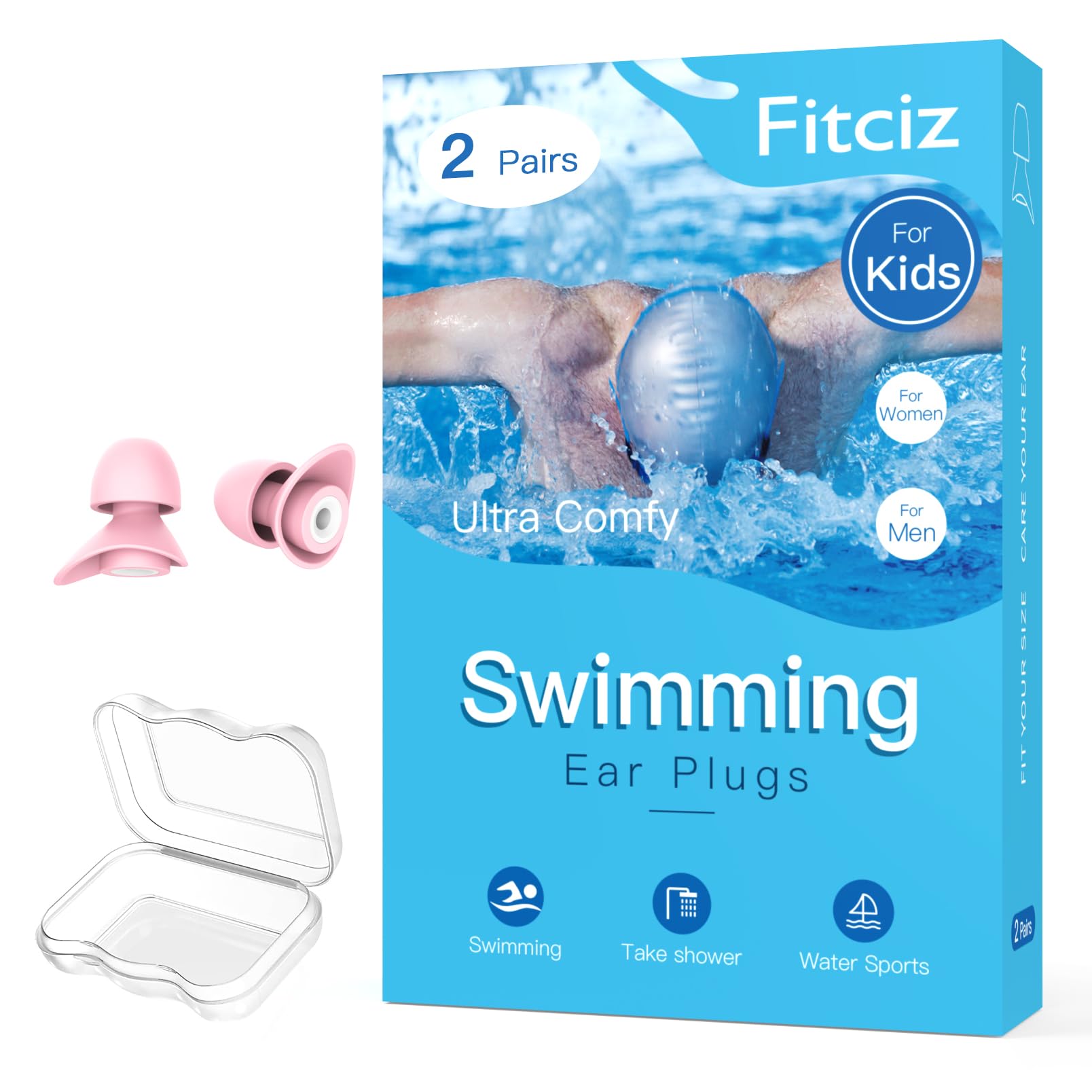 Waterproof Swimming Ear Plugs for Kids Age 10-14 - 2 Pairs Soft Comfortable Swim Earplugs with Protective Case - Ideal for Pool, Beach & Water Sports (Pale Pink Kids Edition)
