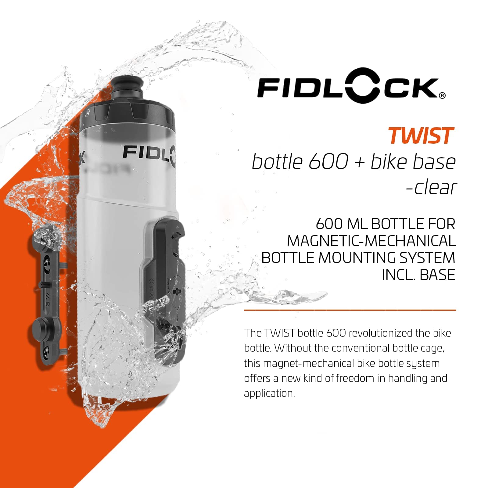 FIDLOCK Twist Bottle 600ml Set - Magnetic Bike Water Bottle Holder with Cage-Free Design | Secure Twist Connector & Base Mount | Perfect for Road Bikes, Mountain Biking & Outdoor Cycling | Clear