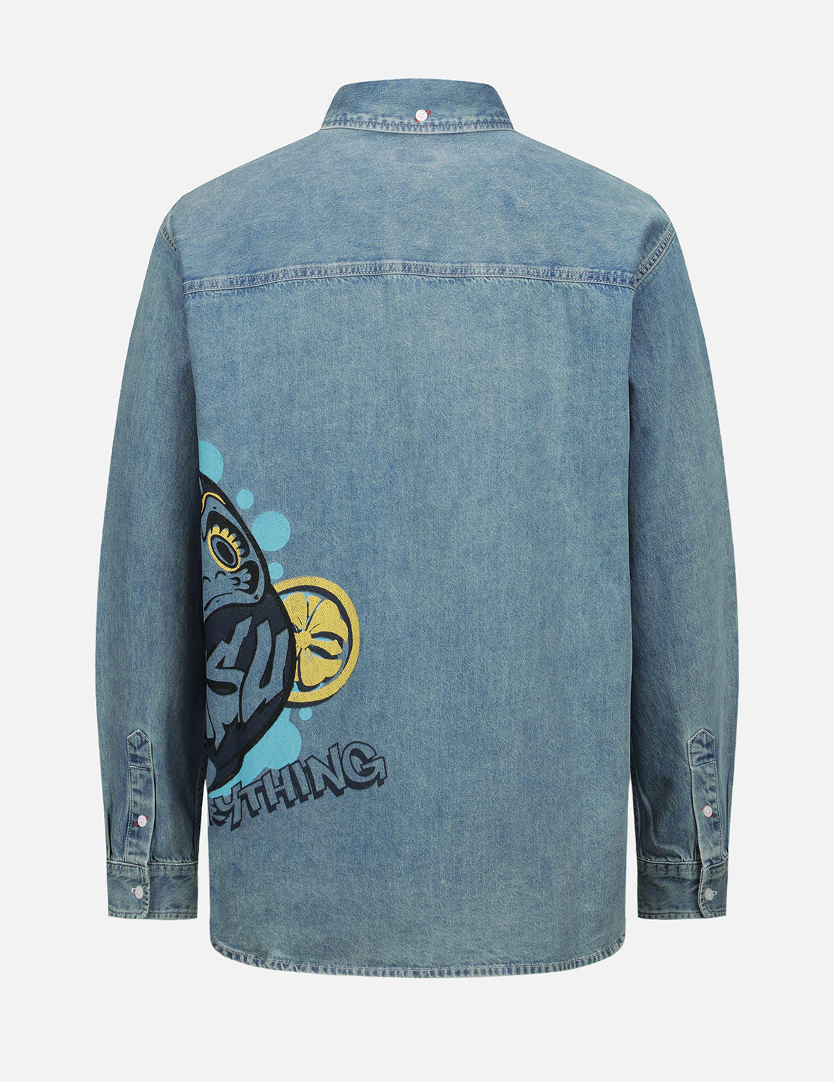 Graffiti Daruma Print Denim Shirt for Men - Stylish Japanese Streetwear Fashion - Perfect for Casual Outfits, Urban Street Style & Festival Wear