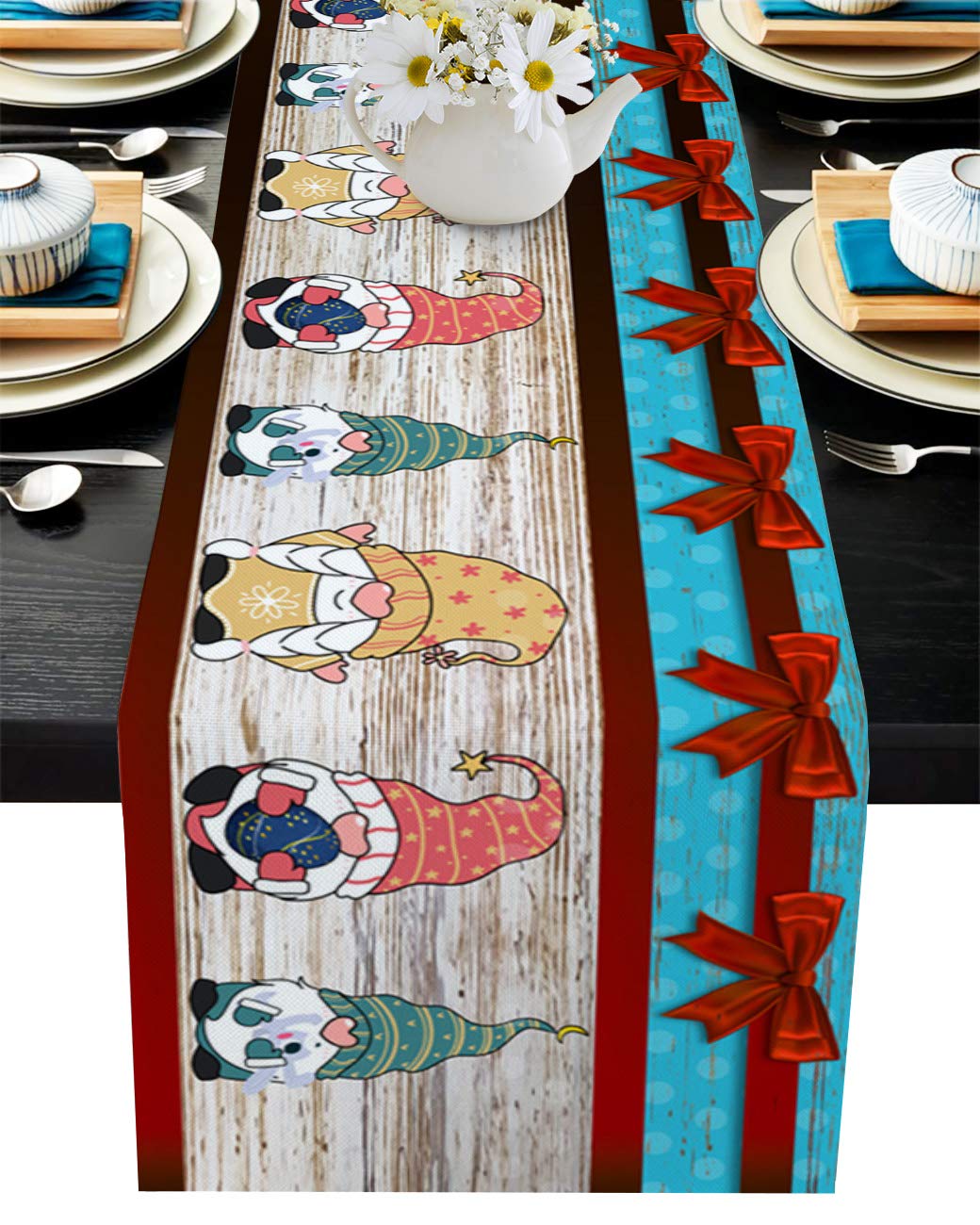 Easter Table Runner 90 Inches Long - Cute Gnome Cartoon Cotton Linen Spring Tablecloth for Wedding Party Dining Coffee Holiday - Farmhouse Style with Bowknot Wooden Design - Perfect for Spring Decor, Easter Celebrations, and Farmhouse-Themed Events