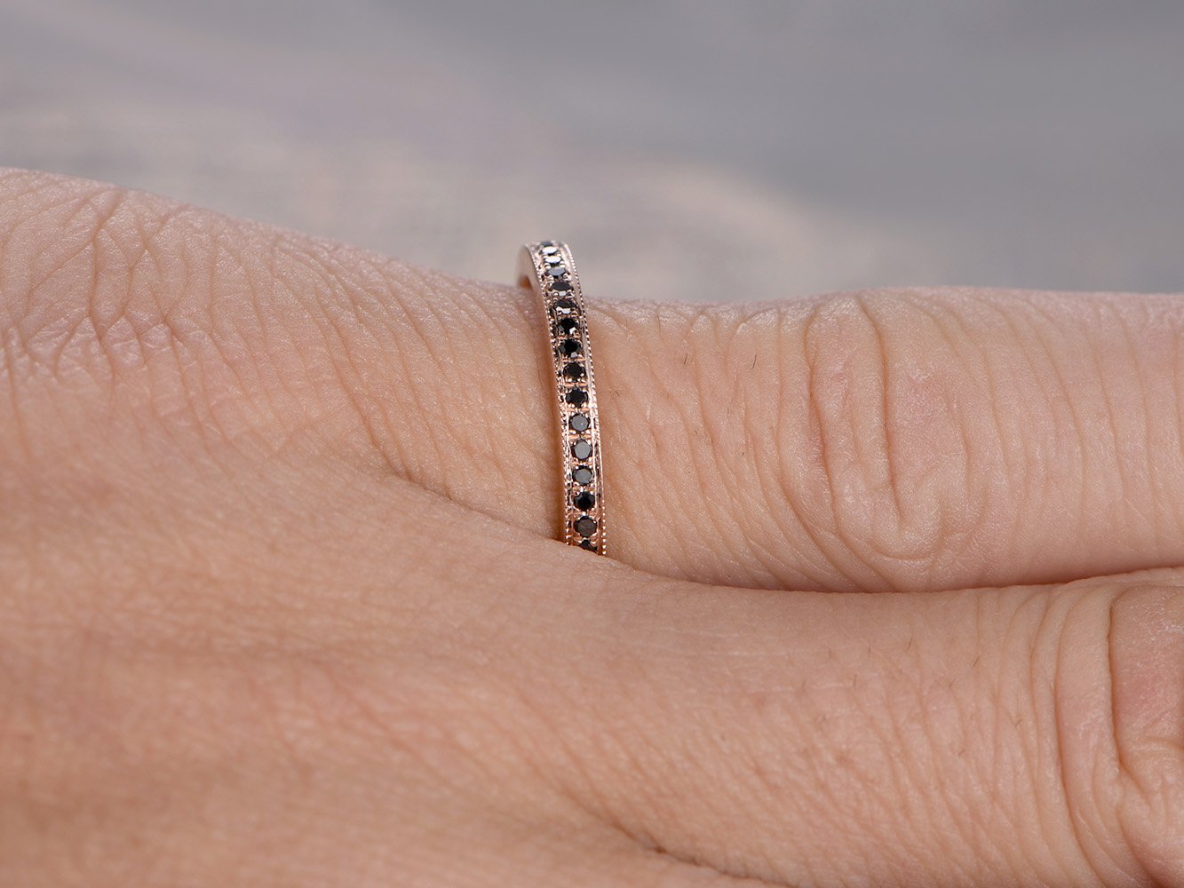 14K Rose Gold Black Diamond Wedding Band for Women - Half Eternity Ring with Milgrain Detailing | Elegant Bridal Jewelry & Anniversary Gift