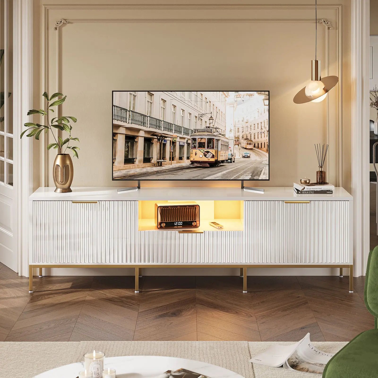 Bestier 70 Inch Modern TV Stand with Fluted Design for 80 Inch Flat Screen TVs - Perfect for Living Room, Bedroom & Home Theater Entertainment Centers