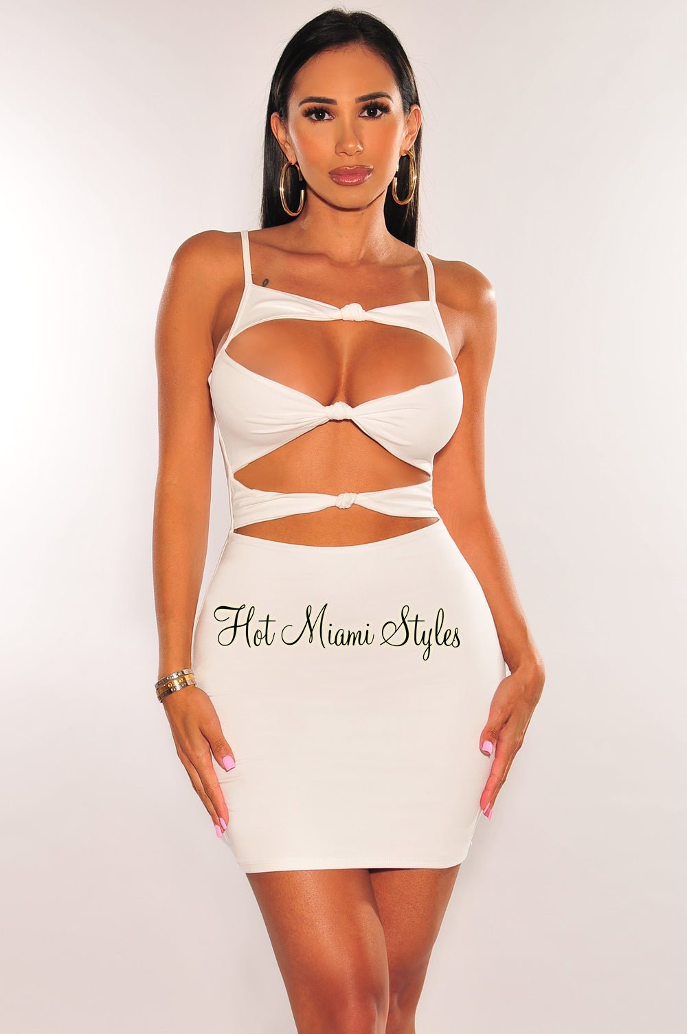 Sexy White Spaghetti Straps Knotted Cut Out Mini Dress for Women - Summer Party, Clubwear, Date Night Outfit