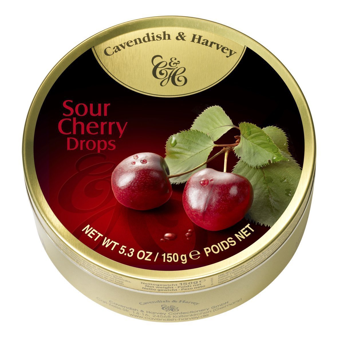 Premium Cavendish & Harvey German Fruit Hard Candy (3-Pack) - Sour Cherry Drops - 5.3oz Tin - Imported Gourmet Sweets for Office, Gifts & Travel Snacks