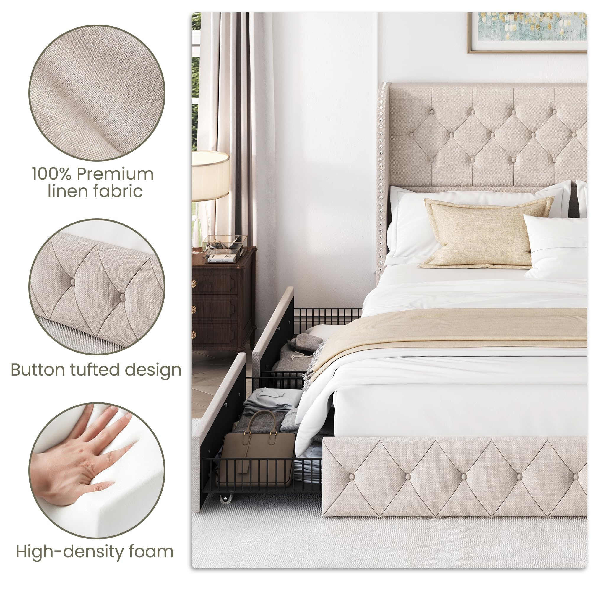 King Size Bed Frame with 4 Storage Drawers & Tufted Headboard - Linen Upholstered Platform Bed with Wooden Slats Support - Easy Assembly Wingback Bed in Beige - Perfect for Master Bedroom, Guest Room & Small Space Storage Solutions