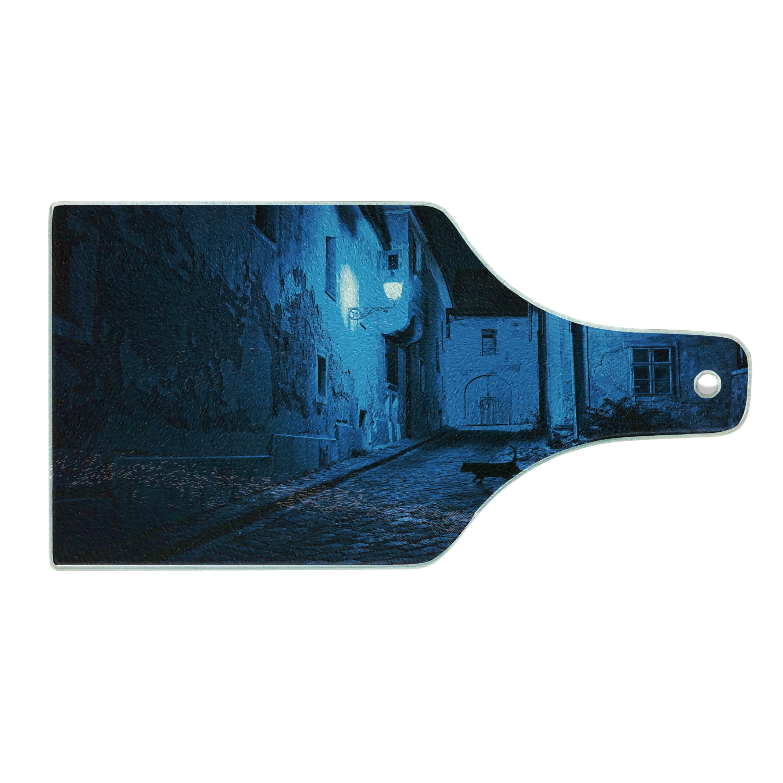 Ambesonne Urban Themed Cutting Board - Black Cat in Deserted European Alley Night Scene, Tempered Glass Serving Board for Kitchen & Entertaining, Wine Bottle Shape in Blue, Black & White - Perfect for Cheese Platters, Charcuterie & Wine Pairings