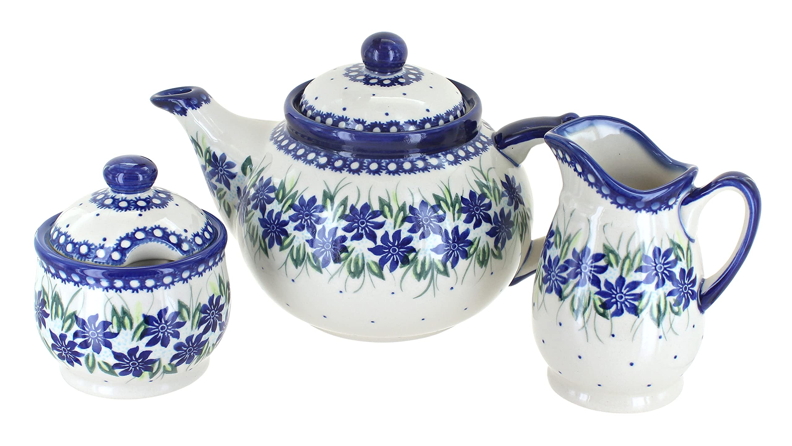 Blue Rose Polish Pottery Sierra 3-Piece Tea Set - Handmade Ceramic Teapot with Cups - Perfect for Afternoon Tea, Gifts & Home Decor