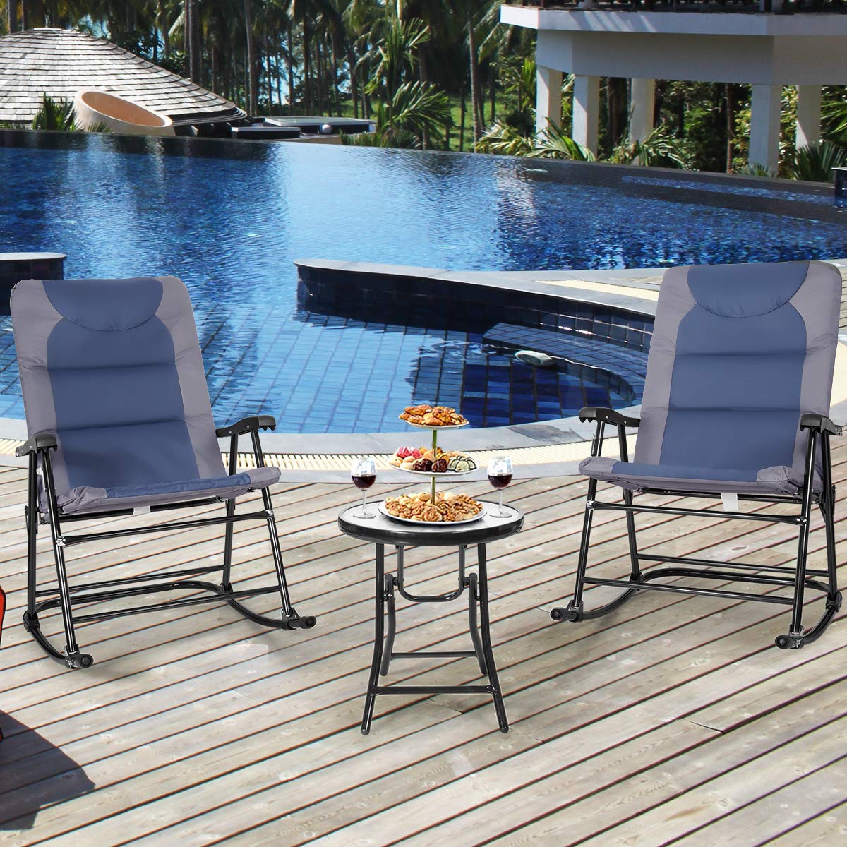 RELAX4LIFE 3-Piece Outdoor Bistro Set with 2 Foldable Rocking Chairs & 1 Tempered Glass Table - Patio Furniture for Balcony, Garden, Backyard, Deck (Blue) | Perfect for Relaxing, Entertaining Guests, and Enjoying Morning Coffee Outdoors