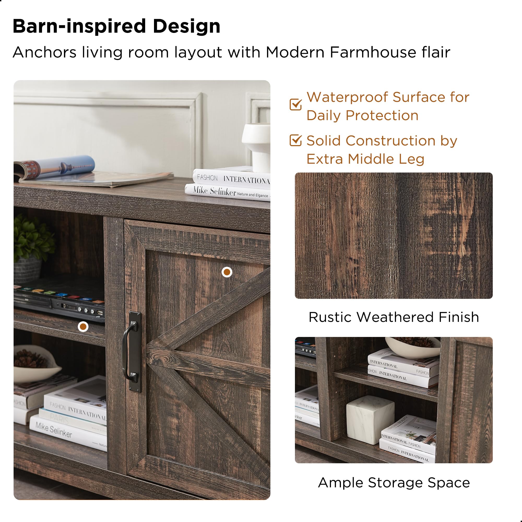 Farmhouse TV Stand for 75 Inch TVs - Rustic Oak Wood Media Console with Barn Doors & Storage Cabinets - Easy Assembly Entertainment Center for Living Room, Home Theater & Family Room Decor
