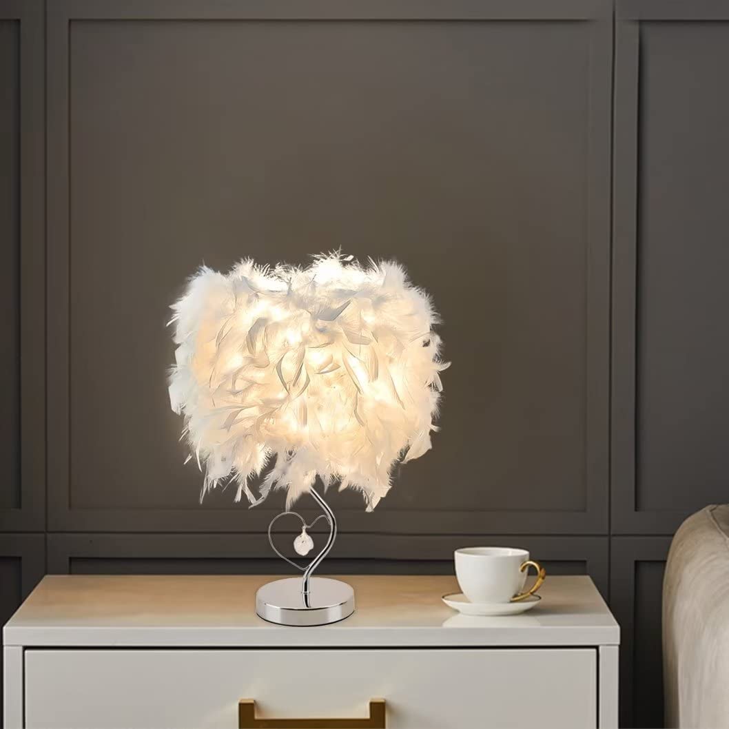 Feather Bedside Lamp - Modern Crystal Heart Table Light with Metal Base for Living Room, Bedroom, Office, Hotel | Elegant Nightstand & Desk Lighting for Cozy Ambiance