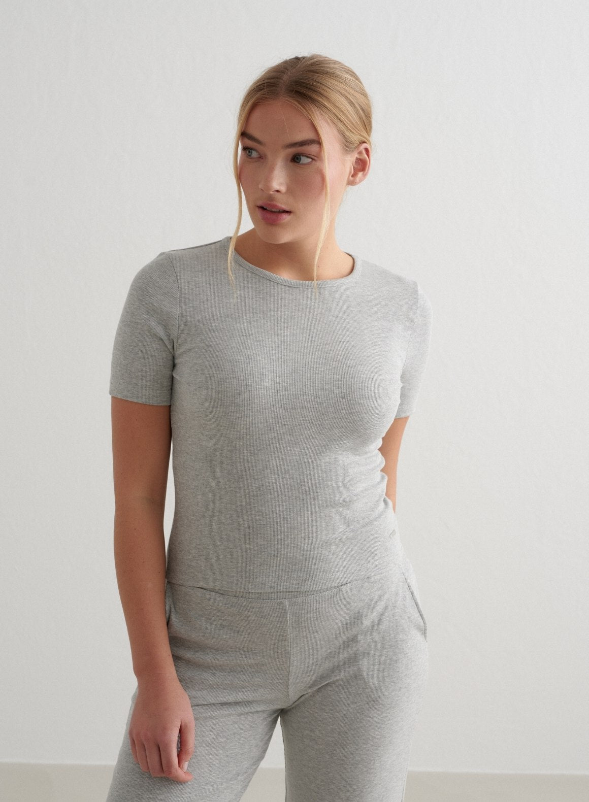 Grey Melange Ribbed Short Sleeve T-Shirt for Women - Soft Comfort Casual Top for Everyday Wear, Gym & Lounge
