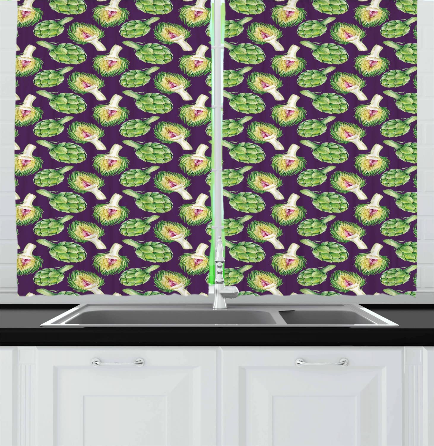 Ambesonne Vegetable Art Kitchen Curtains Set of 2 Panels - Vibrant Artichoke Design, Tropical Recipe & Diet Menu Theme - 55