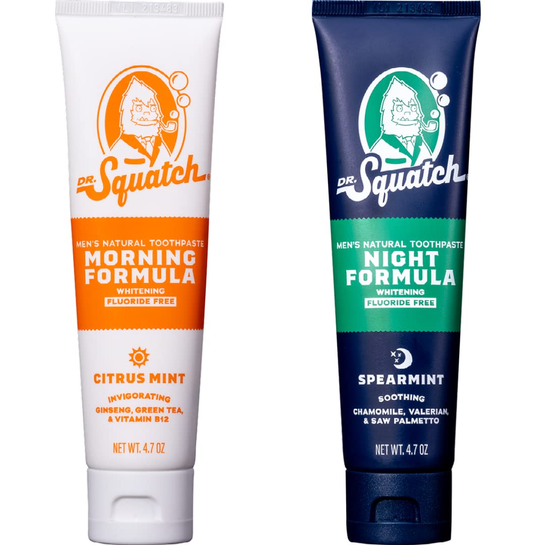 Dr. Squatch Natural Teeth Whitening Toothpaste Kit - Fluoride-Free Day & Night Toothpaste (Citrus Mint & Spearmint) 4.7 oz | Fresh Breath for Men & Women | Perfect for Travel & Daily Oral Care