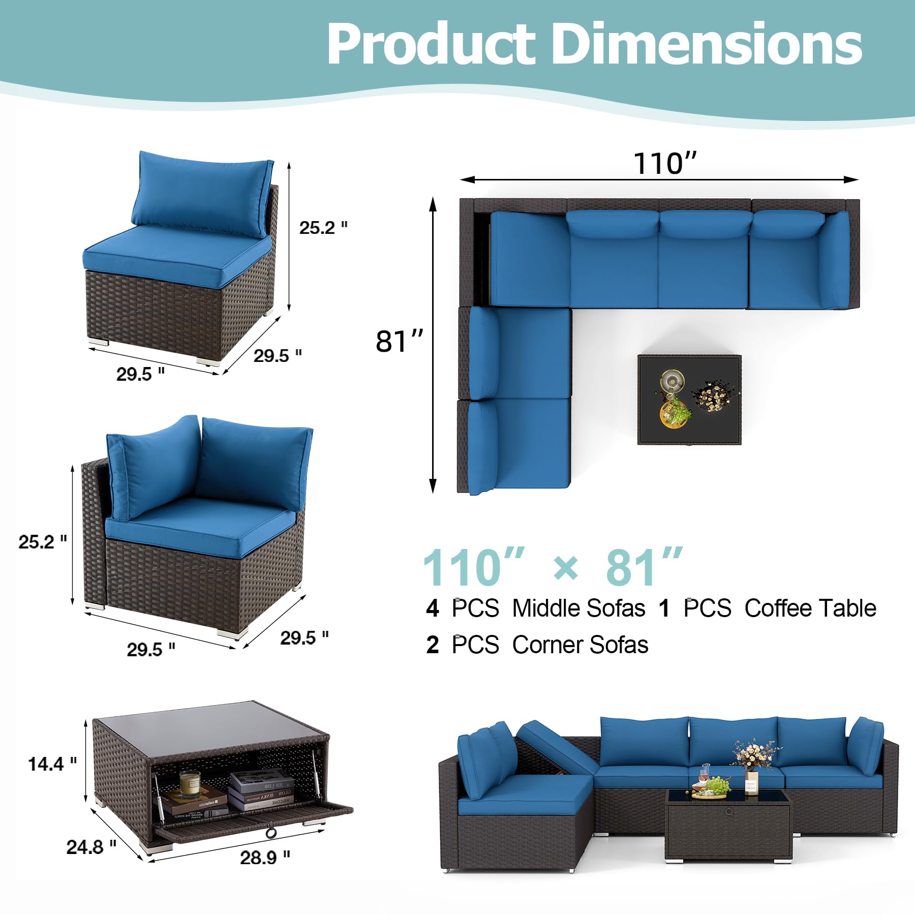 HOMREST 7-Piece All-Weather Wicker Patio Furniture Set with Adjustable Bracket & Coffee Table - Outdoor Conversation Set for Porch, Garden, Backyard (Blue) - Perfect for Relaxing, Entertaining & Outdoor Dining