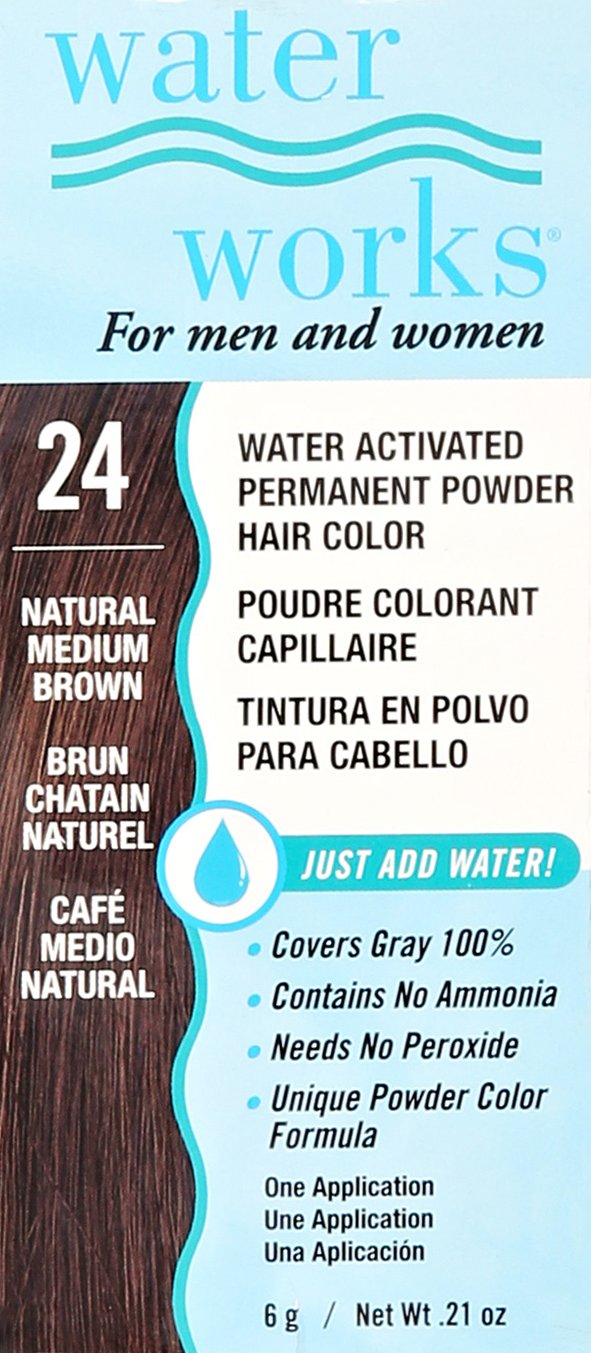 Waterworks Permanent Powder Hair Color #24 Natural Medium Brown - Long-Lasting, Easy Application for Home or Salon Use