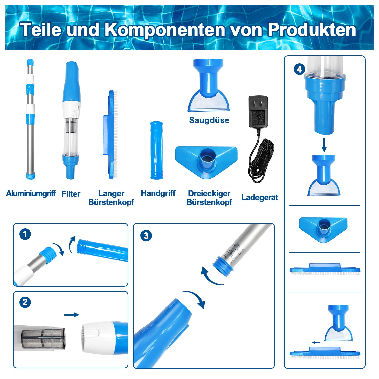 PoolyPoly 3-in-1 Cordless Pool Vacuum with Battery, Handheld Pool Cleaner & Floor Vacuum, 90 Min Runtime, Telescopic Pole - Ideal for Small Pools, Spas, Whirlpools (Blue) | Perfect for Quick Cleaning & Maintenance of Inground & Above Ground Pools