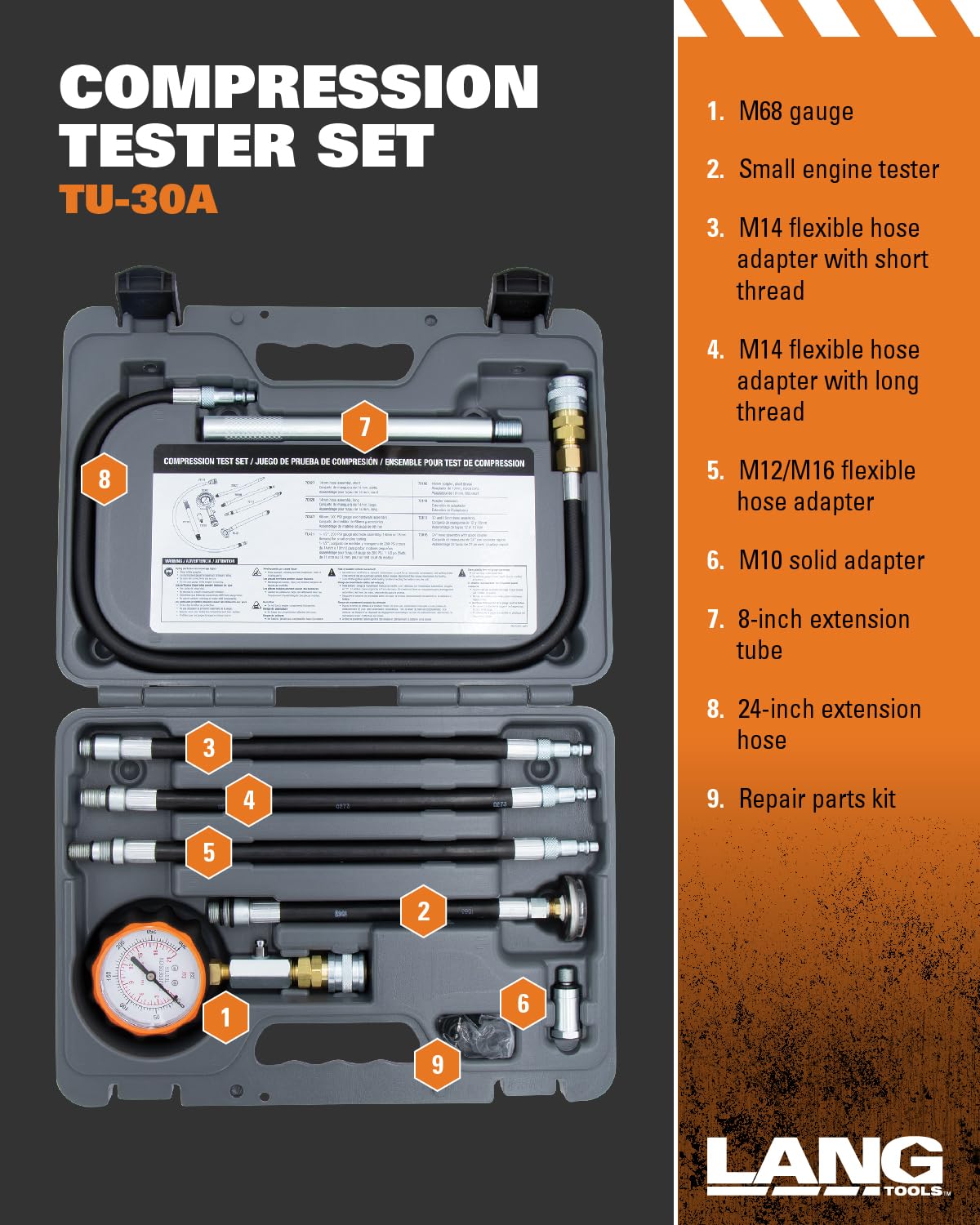 A & E HAND TOOLS - TU30A Compression Test Kit for Automotive Engines | Professional Diagnostic Tool for Car, Truck & Motorcycle Repair | Perfect for Mechanics & DIY Enthusiasts